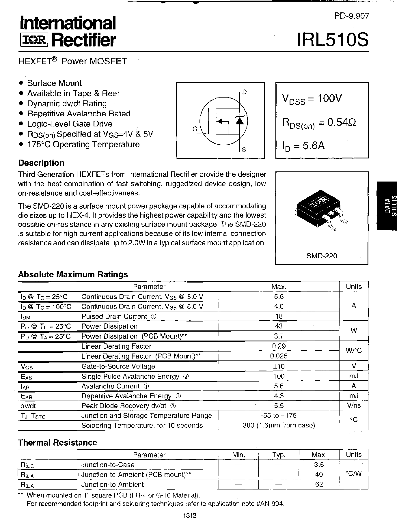Datasheet IRL510S page 1 Datasheet IRL510S - HEXFET POWER MOSFET page 1