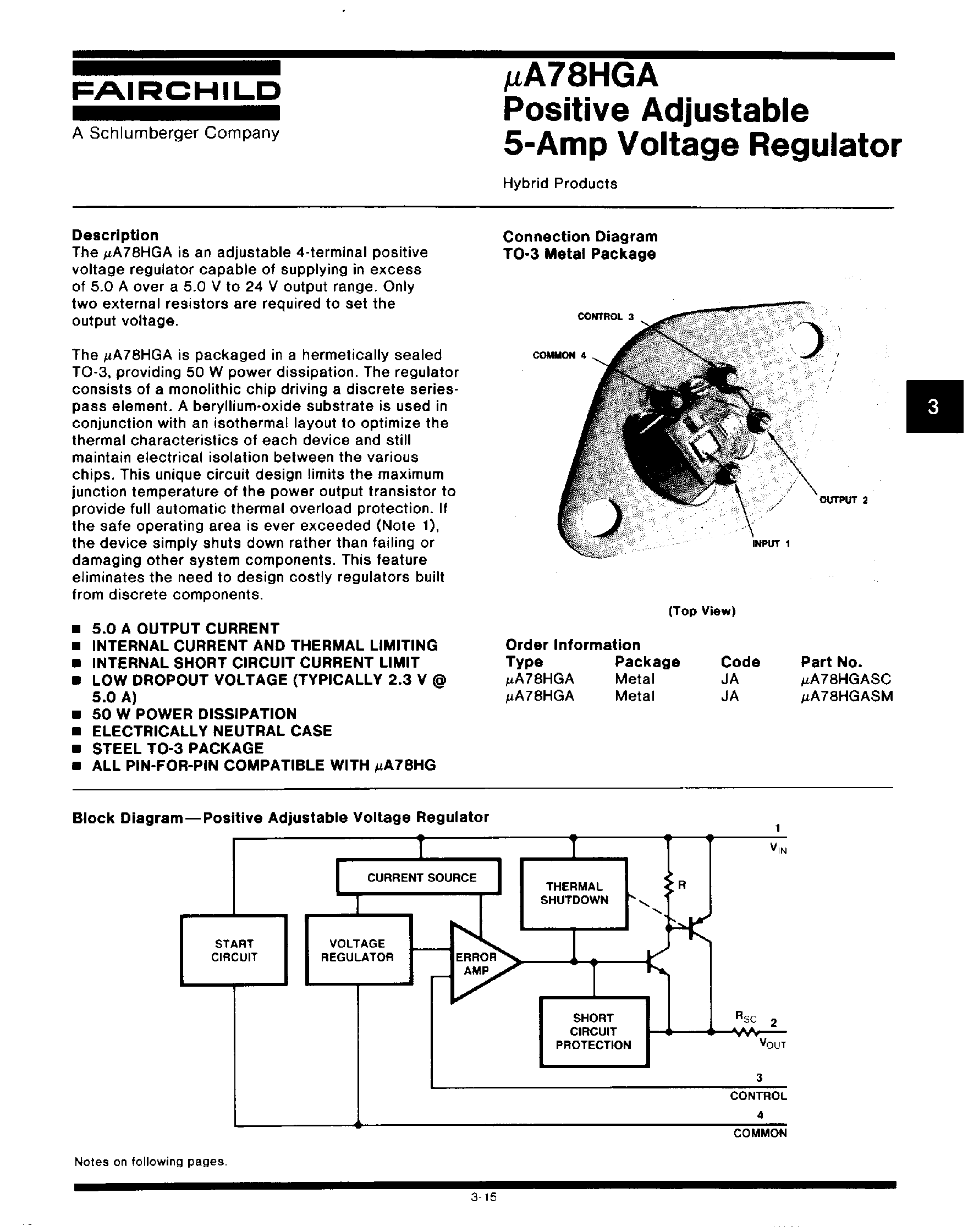 Datasheet UA78HGA page 1 Datasheet UA78HGA - Positive Adjustable 5 Amp Voltage Regulator page 1
