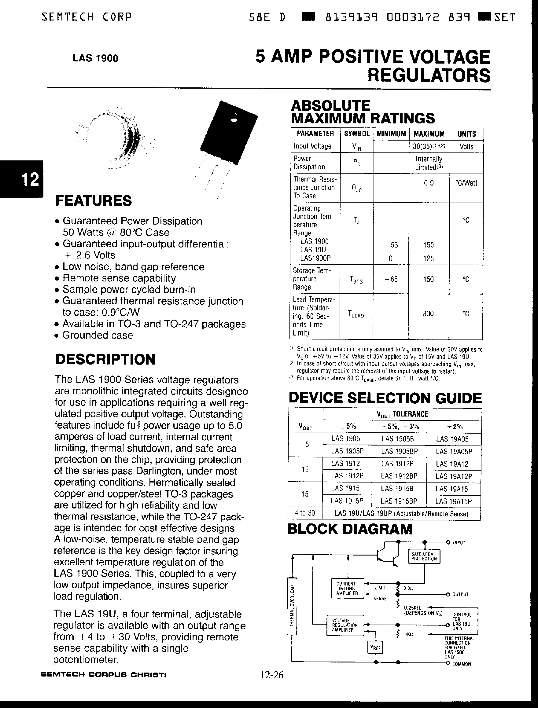Datasheet LAS1900 page 1 Datasheet LAS1900 - 5 Amp Positive Voltage Regulators page 1