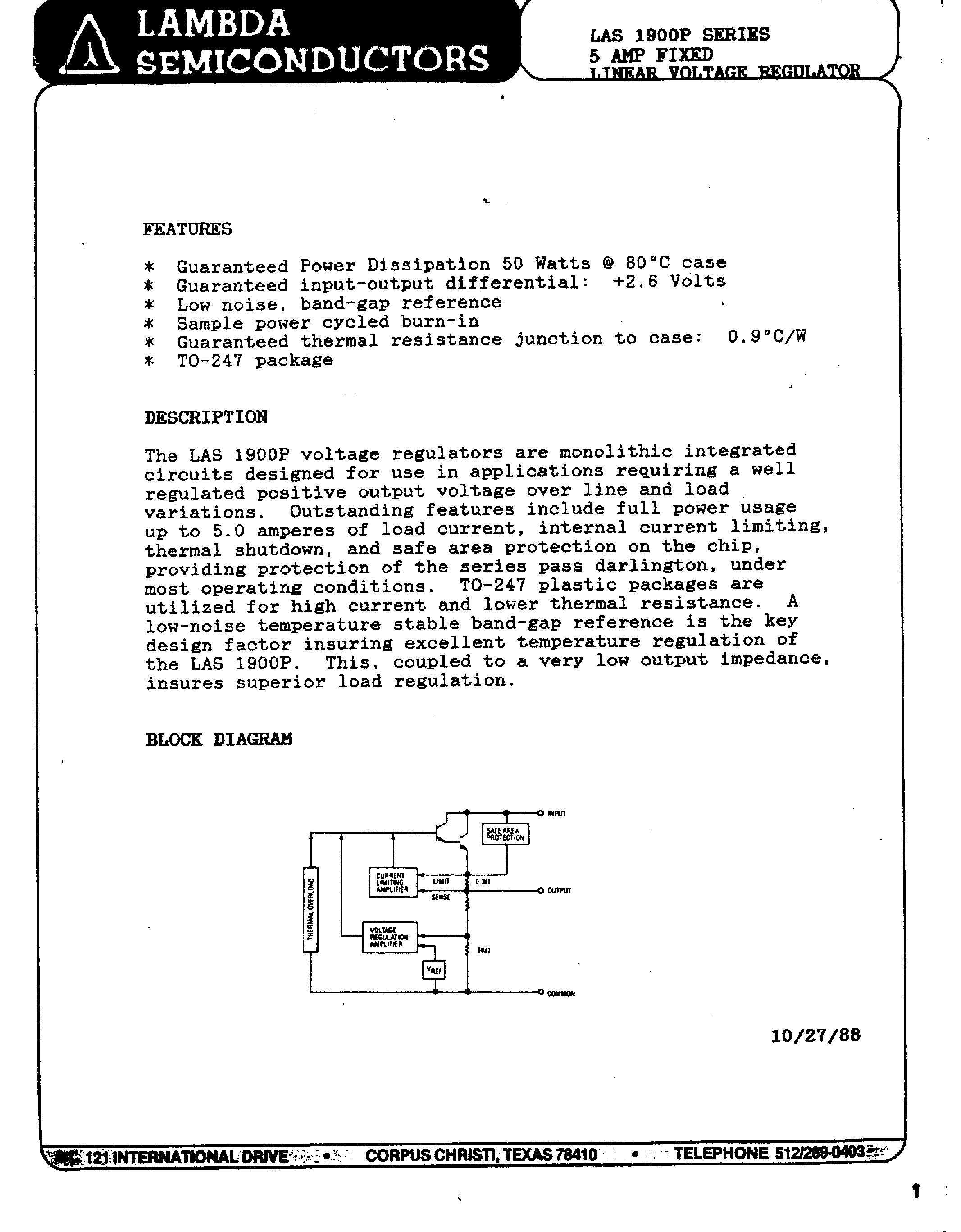 Datasheet LAS1900 - 5 Amp Fixed Liner Voltage Regulator page 1