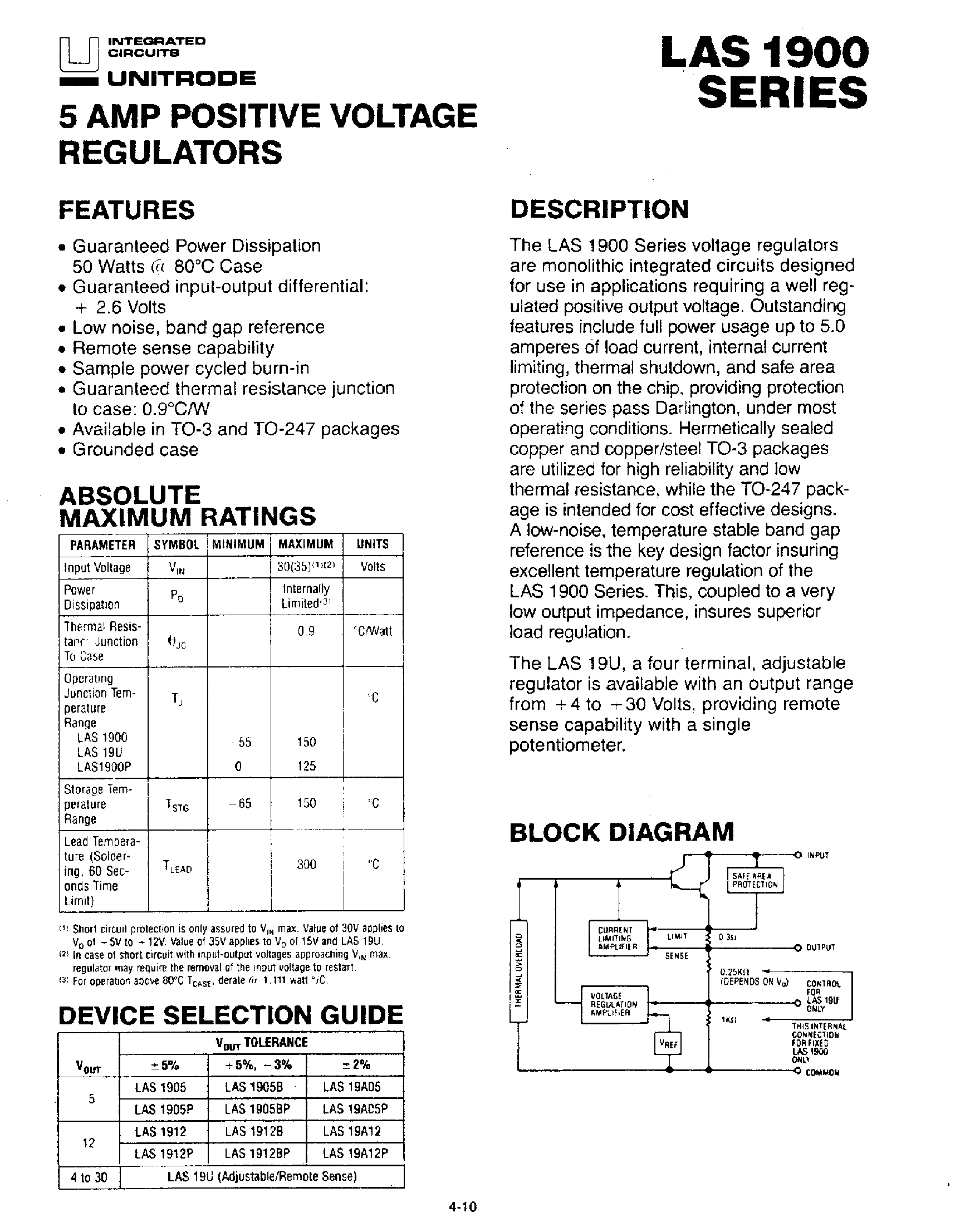 Datasheet LAS1900 page 1 Datasheet LAS1900 - 5 Amp Positive Voltage Regulators page 1