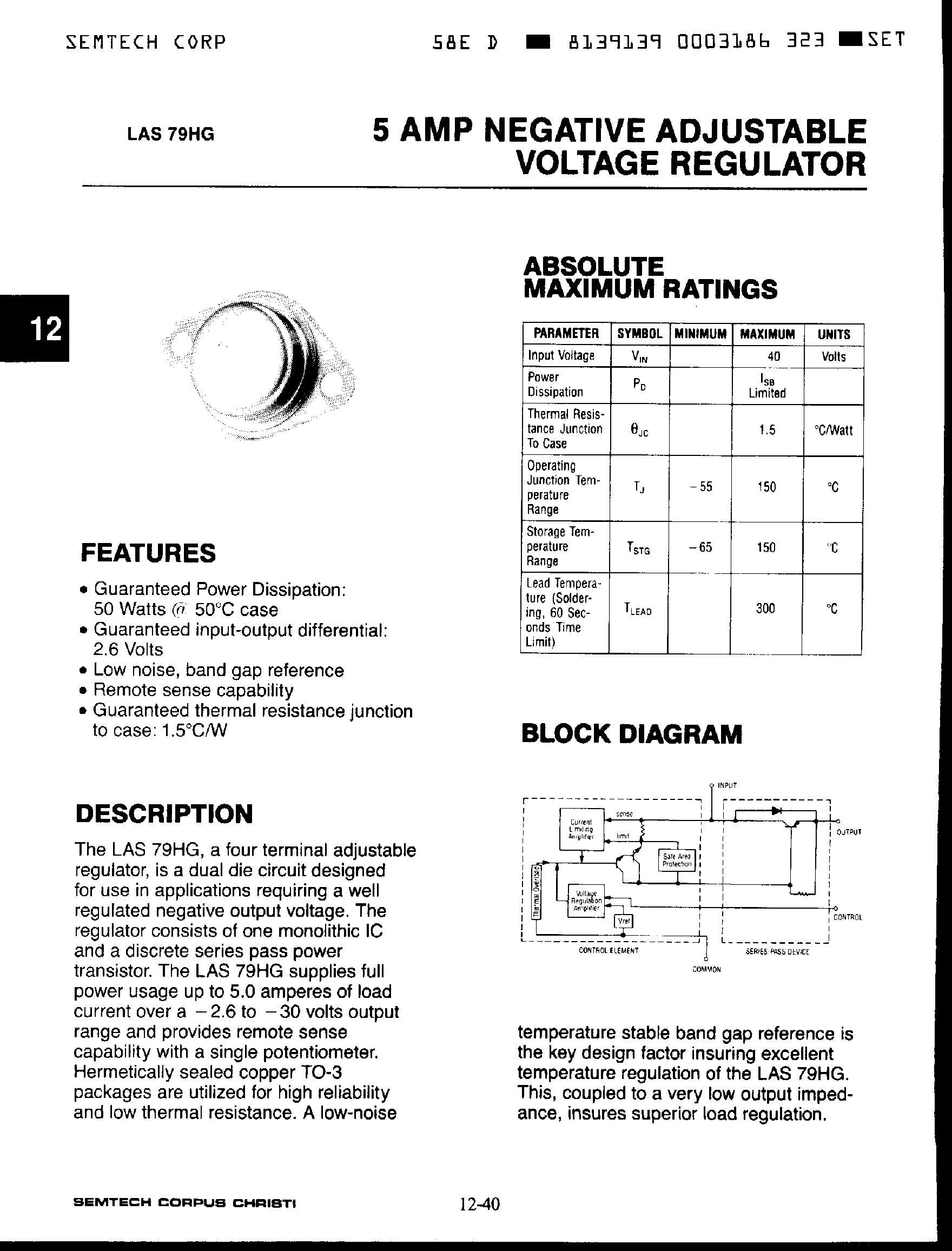 Datasheet LAS79HG page 1 Datasheet LAS79HG - 5 Amp Negative Adjustable Voltage Regulator page 1