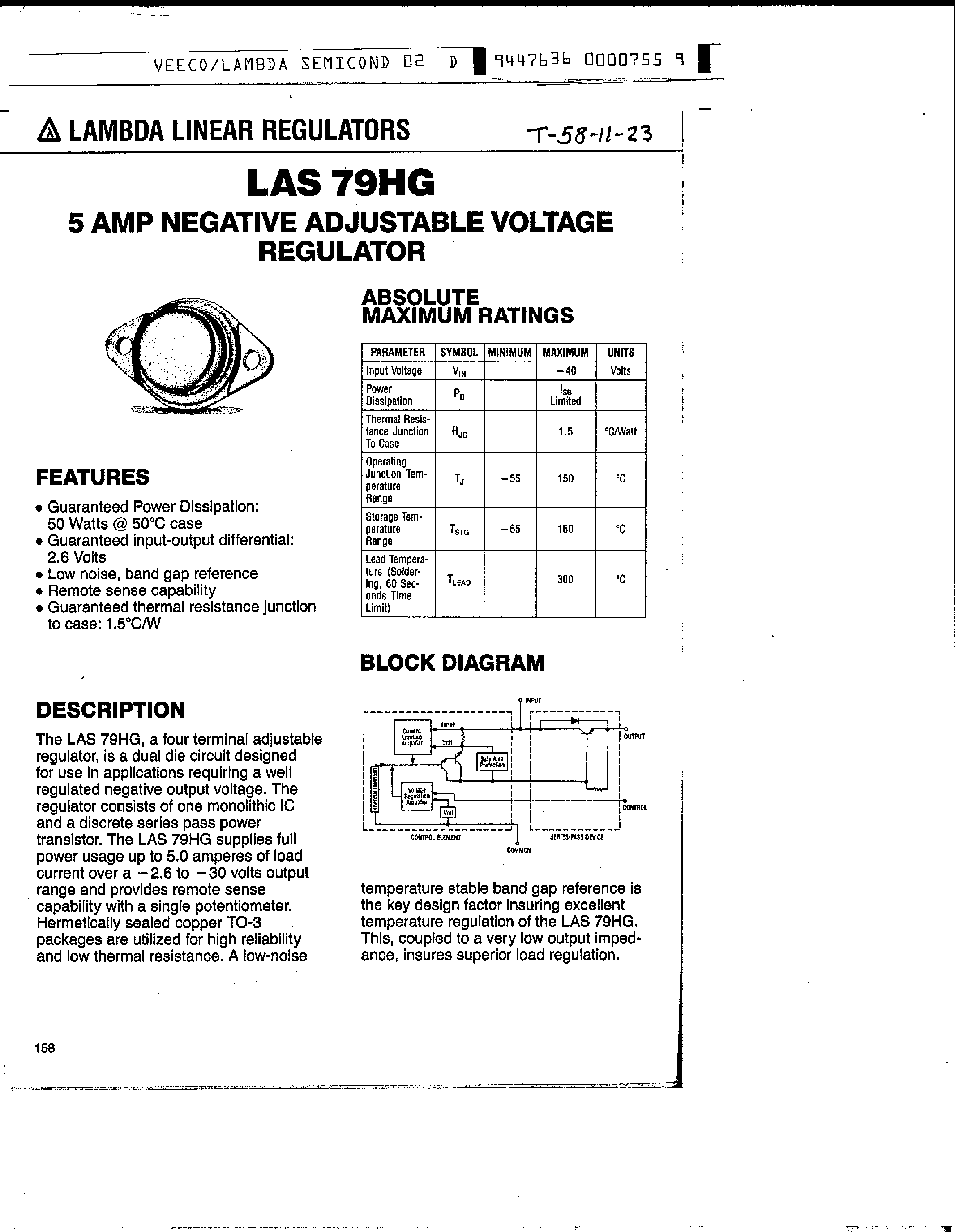 Datasheet LAS79HG page 1 Datasheet LAS79HG - 5 Amp Negative Adjustable Voltage Regulator page 1