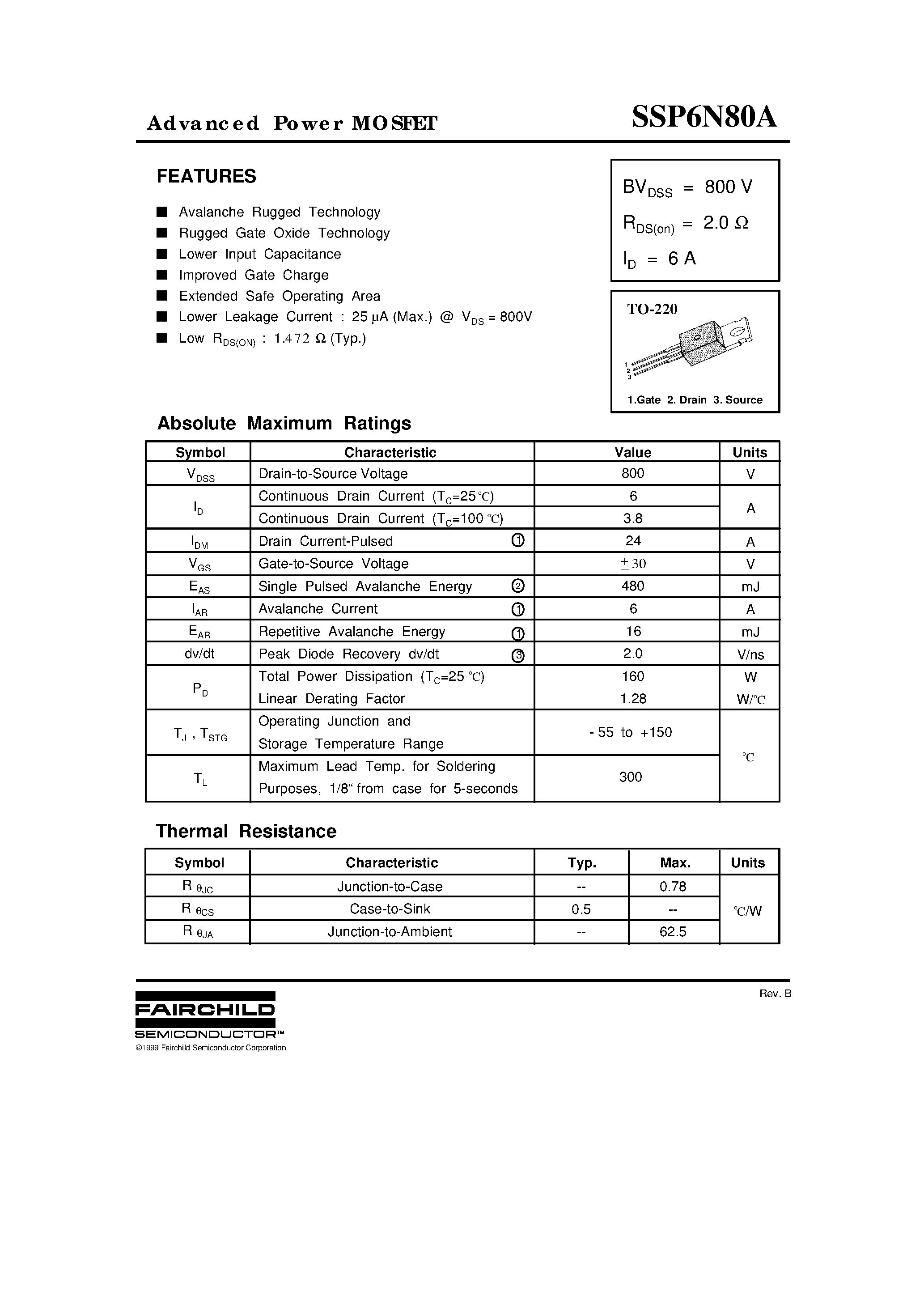 Datasheet SSP6N80A - Advanced Power MOSFET page 1