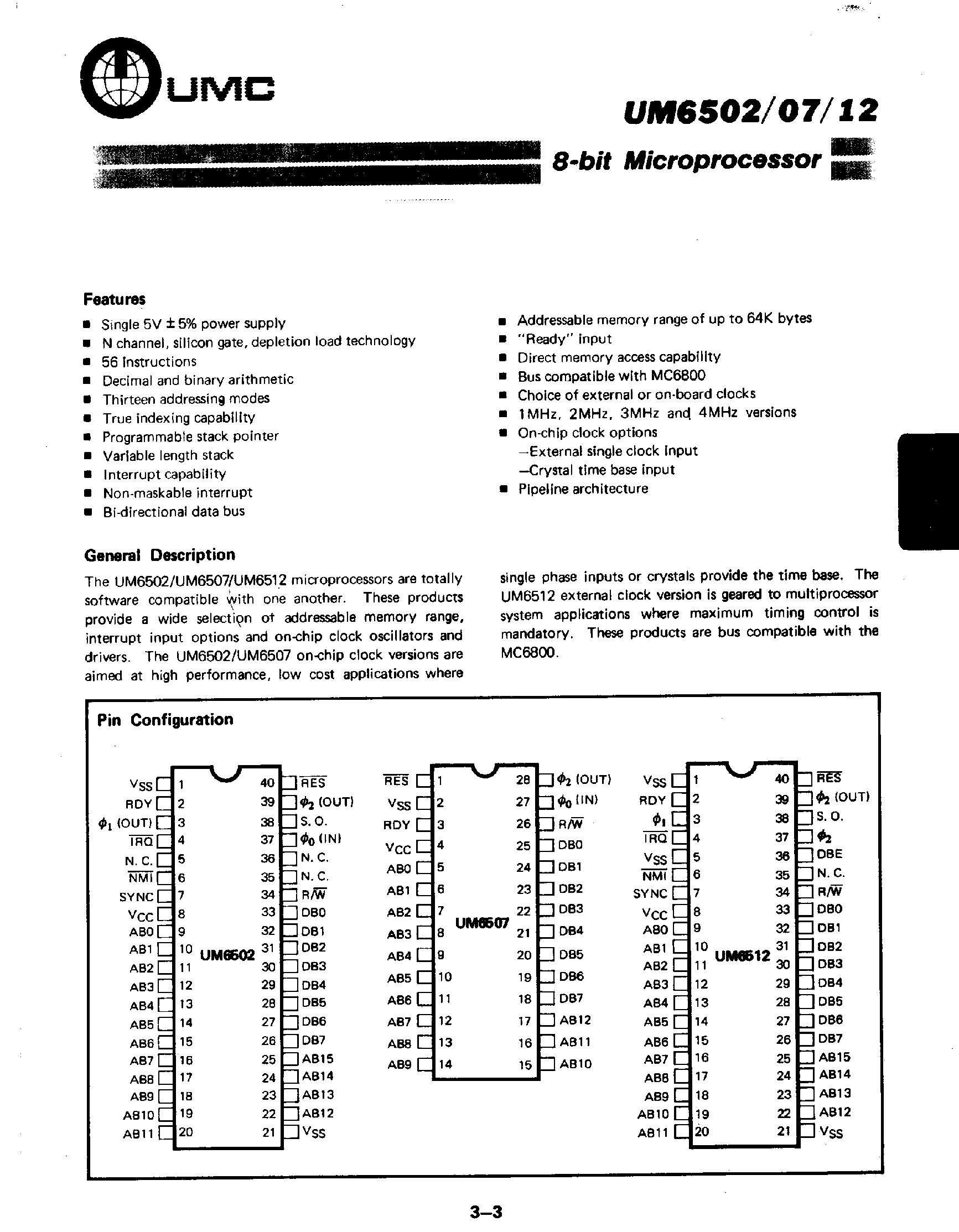 Даташит UM6502 - (UM6507) 8 Bit Microprocessor страница 1
