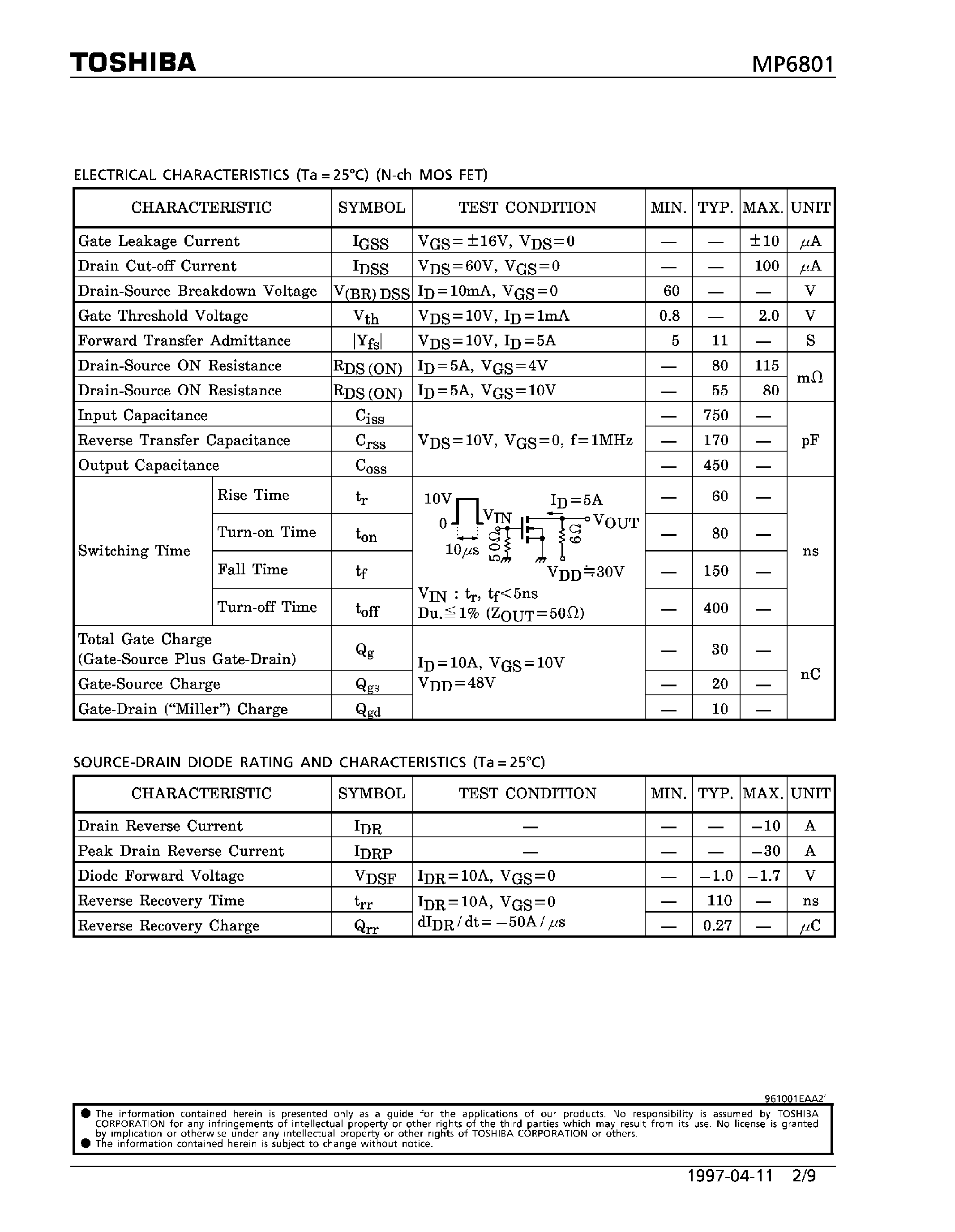 Datasheet MP6801 - Power MOS FET Module Silicon N / P Channel MOS Type page 2
