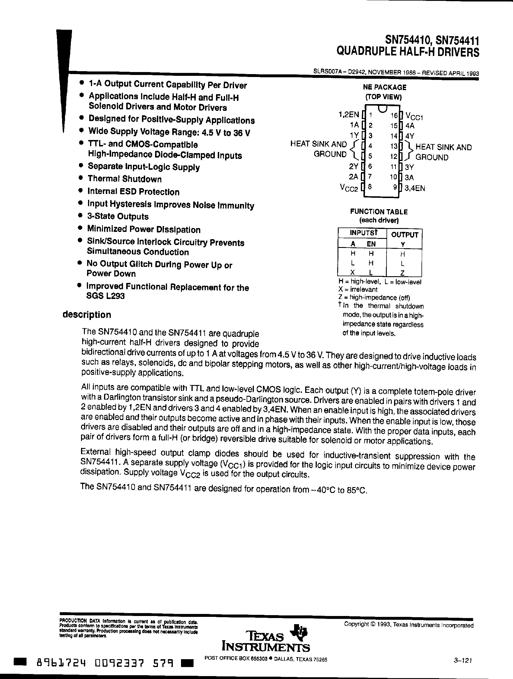 Даташит на микросхему SN754411 страница 1 Даташит SN754411 - Quadruple Half-H Drivers страница 1