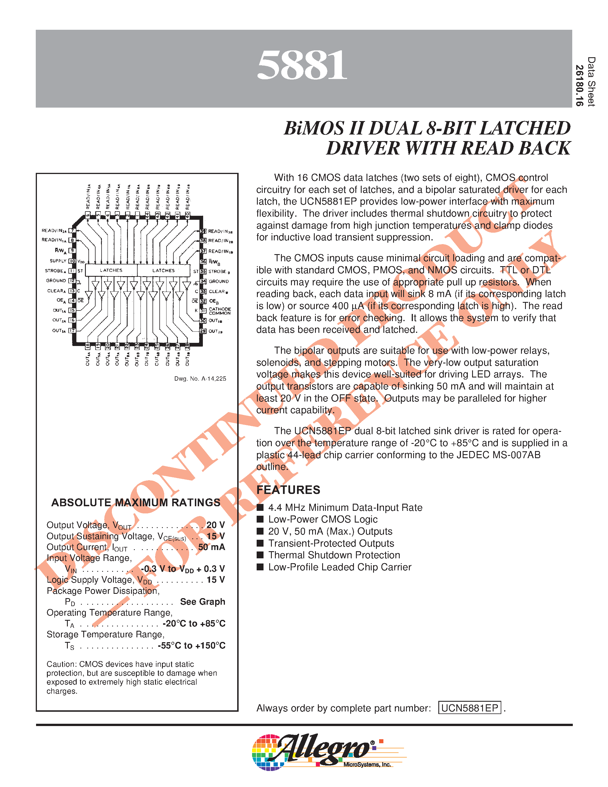 Datasheet UCN5881 page 1 Datasheet UCN5881 - BiMOS II DUAL 8-BIT LATCHED DRIVER WITH READ BACK page 1