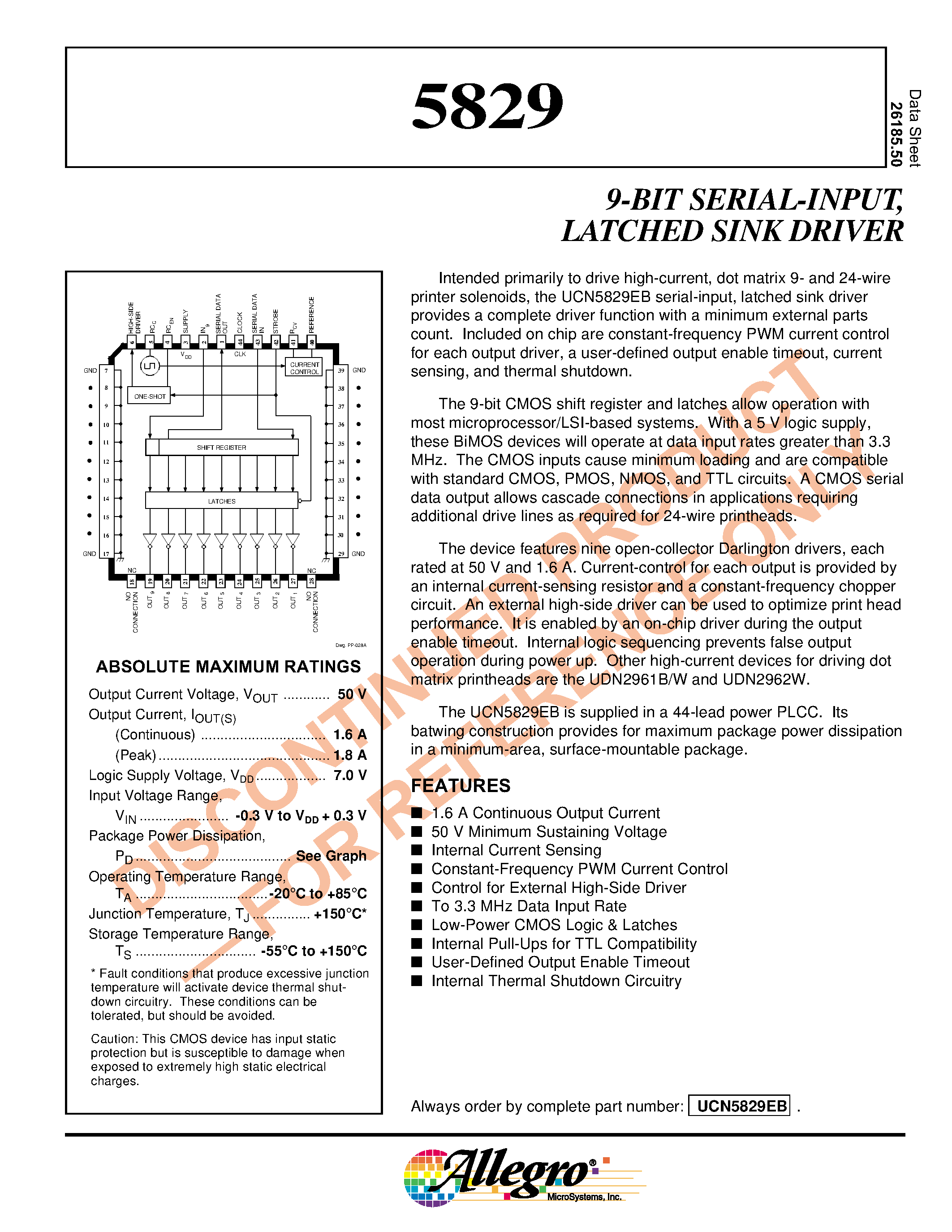Даташит UCN5829 - 9-BIT SERIAL-INPUT / LATCHED SINK DRIVER страница 1
