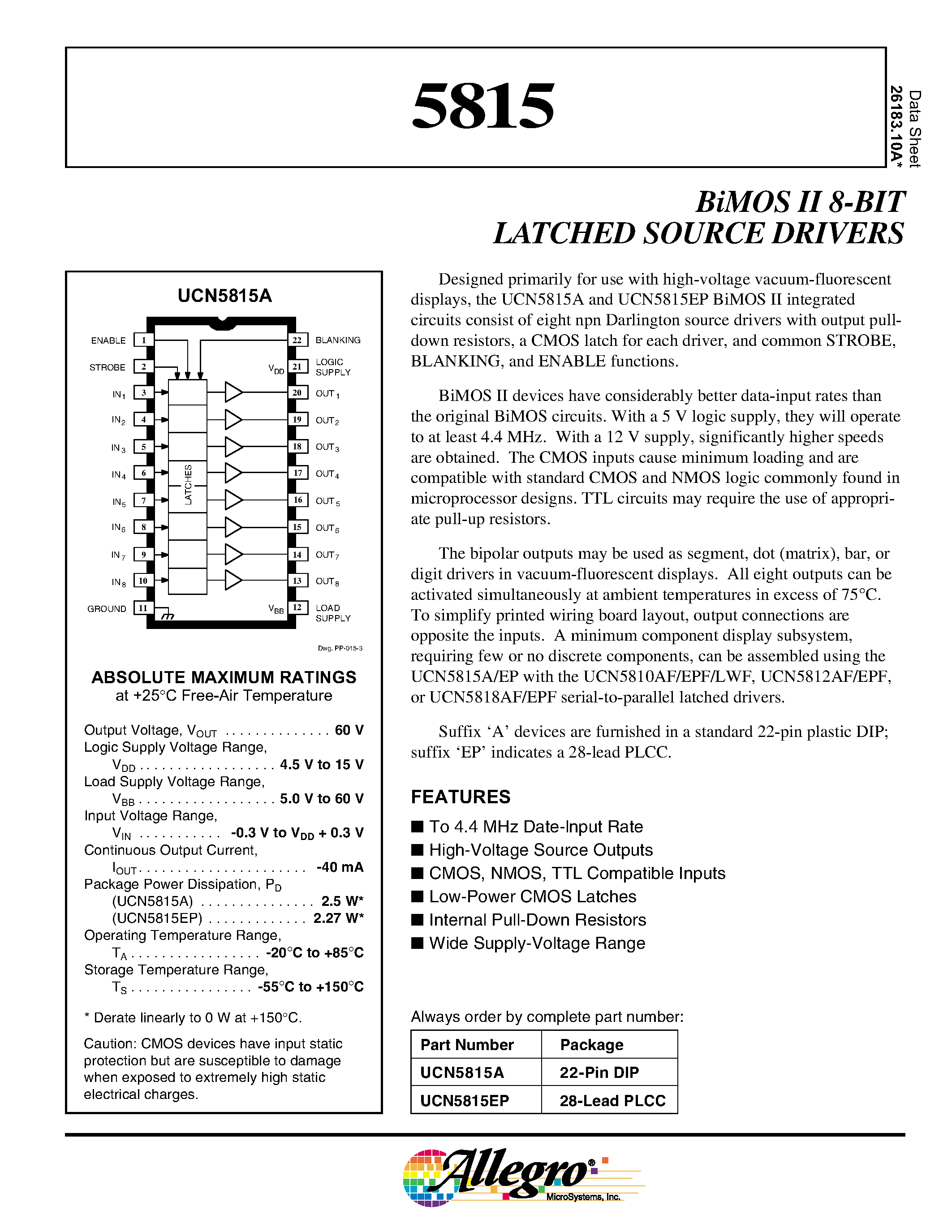Даташит UCN5815 - BiMOS II 8-BIT LATCHED SOURCE DRIVERS страница 1