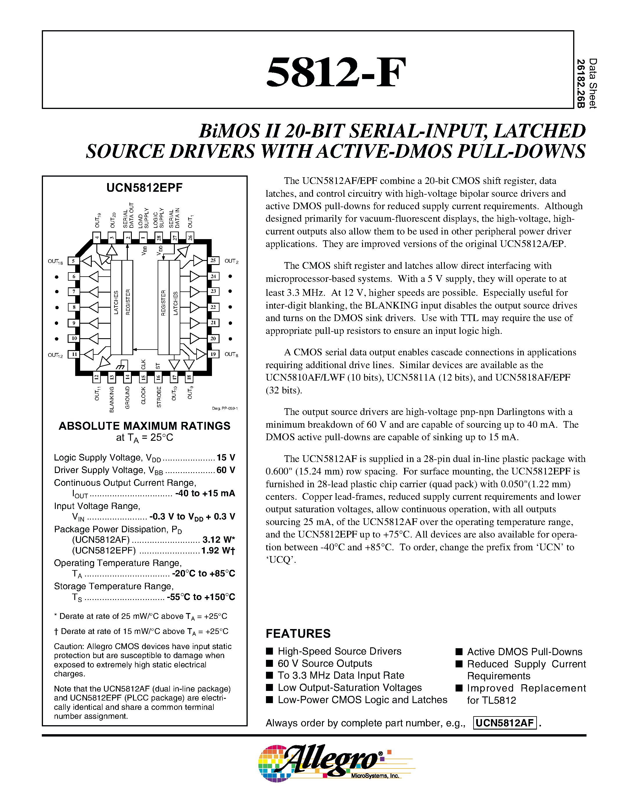 Datasheet UCN5812F - BiMOS II 20-BIT SERIAL-INPUT / LATCHED SOURCE DRIVERS WITH ACTIVE-DMOS PULL-DOWNS page 1