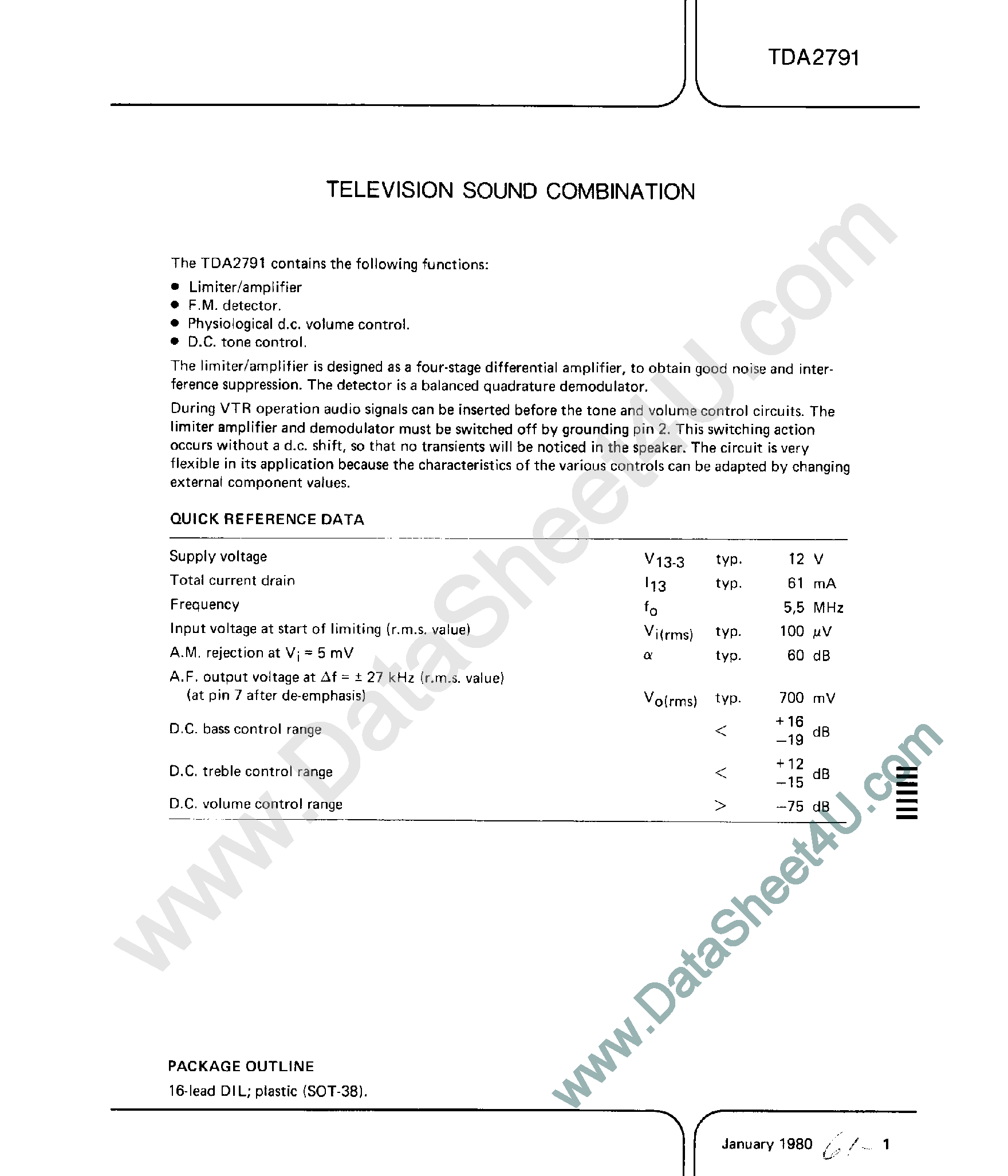 Datasheet TDA2791 - TV Sound Combination page 1
