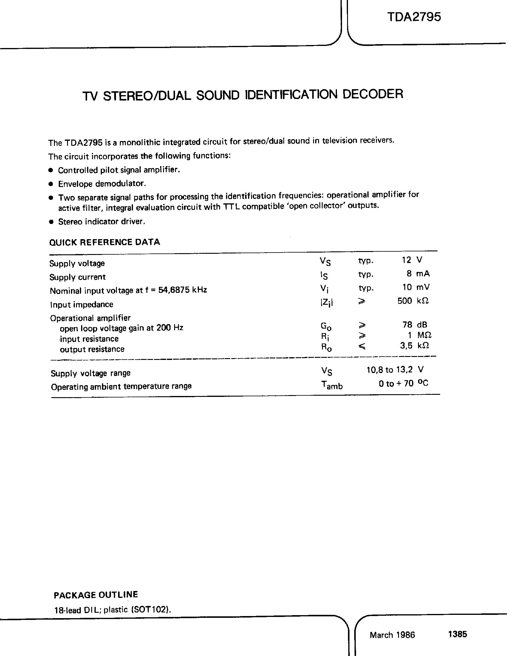 Datasheet TDA2795 - TV Stereo/Dual Sound Identification Decoder page 1