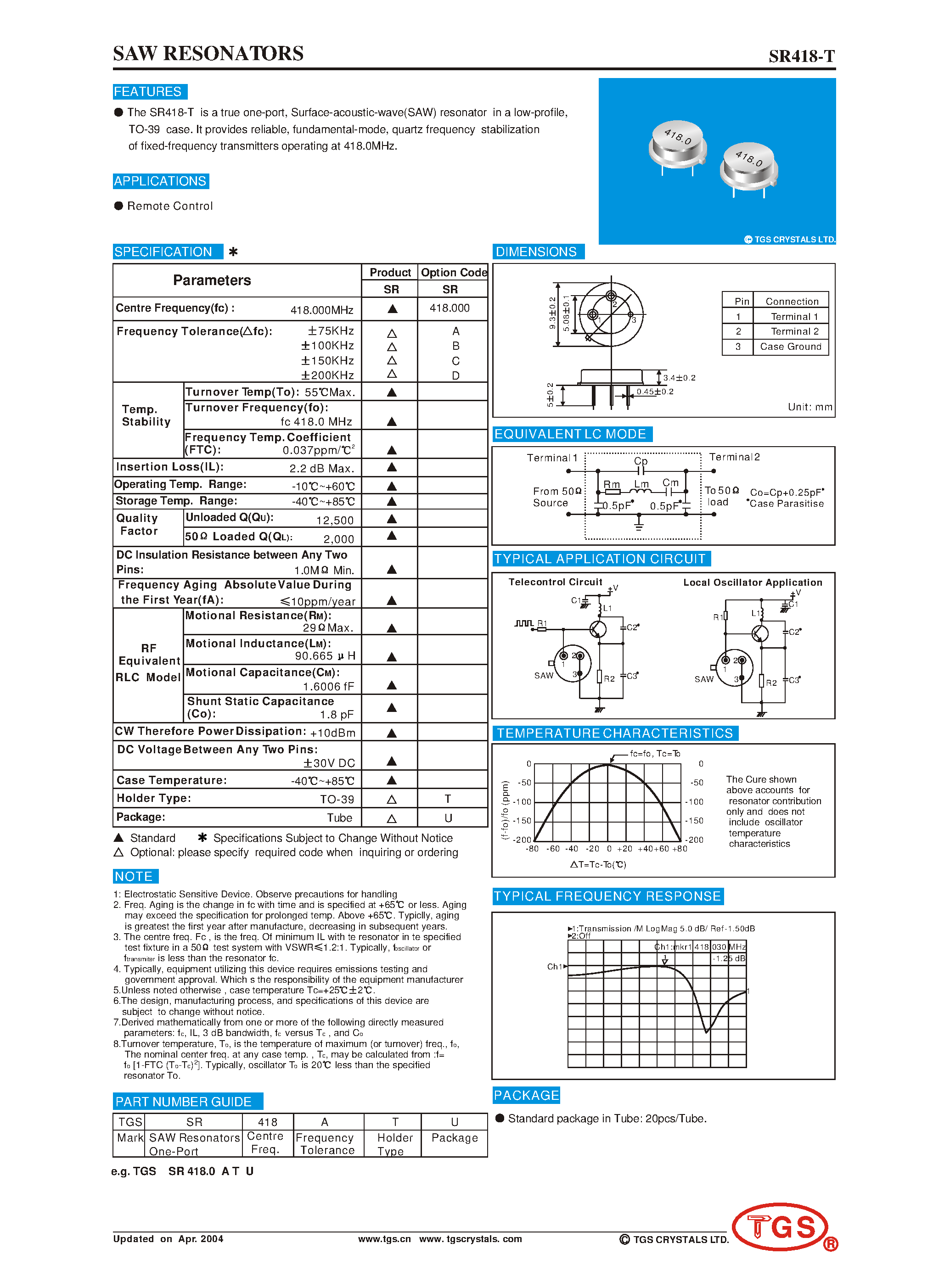 Datasheet SR418-T - SAW Resonators page 1
