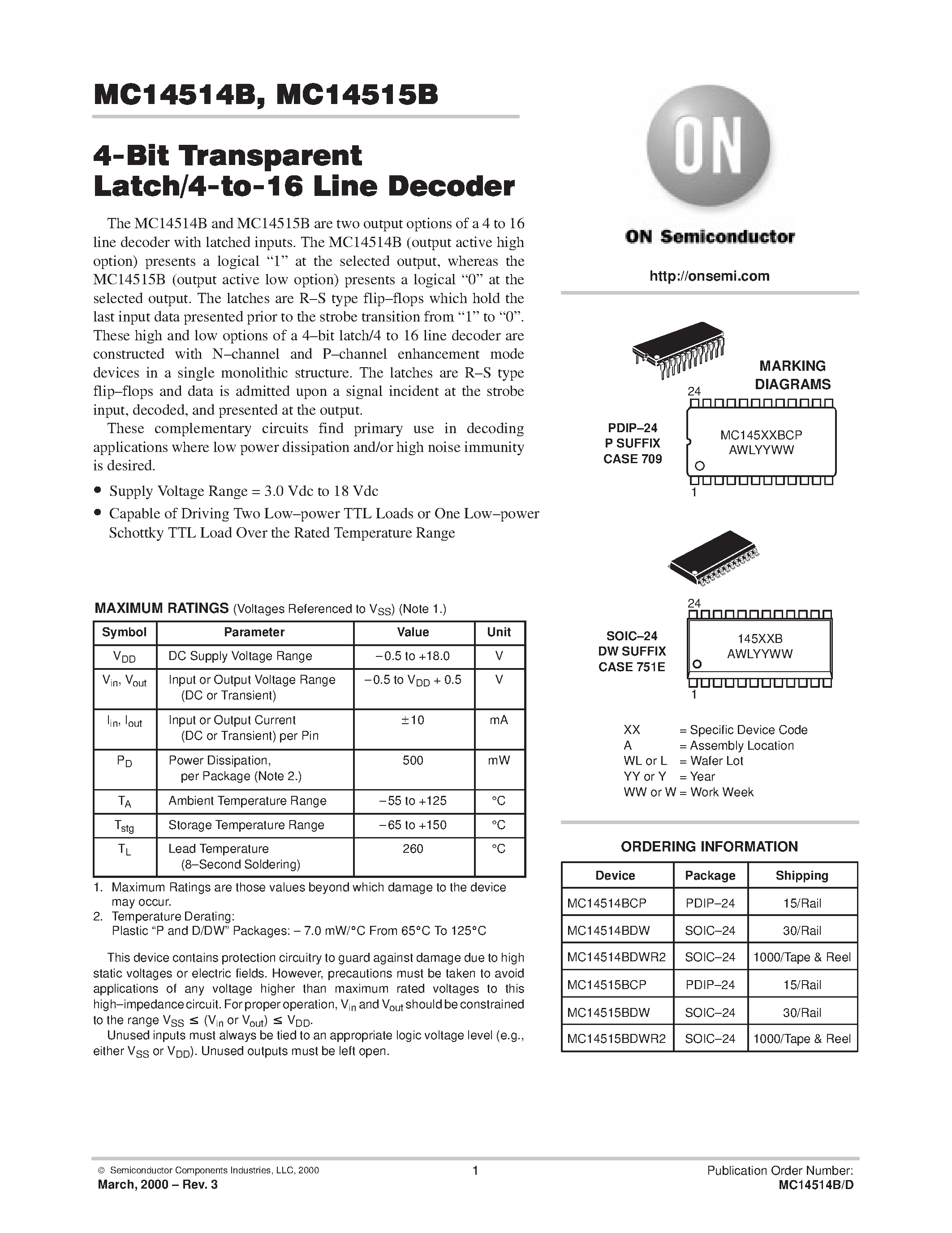 Datasheet MC14515 page 1 Datasheet MC14515 - 4-Bit Transparent Latch/4-to-16 Line Decoder page 1