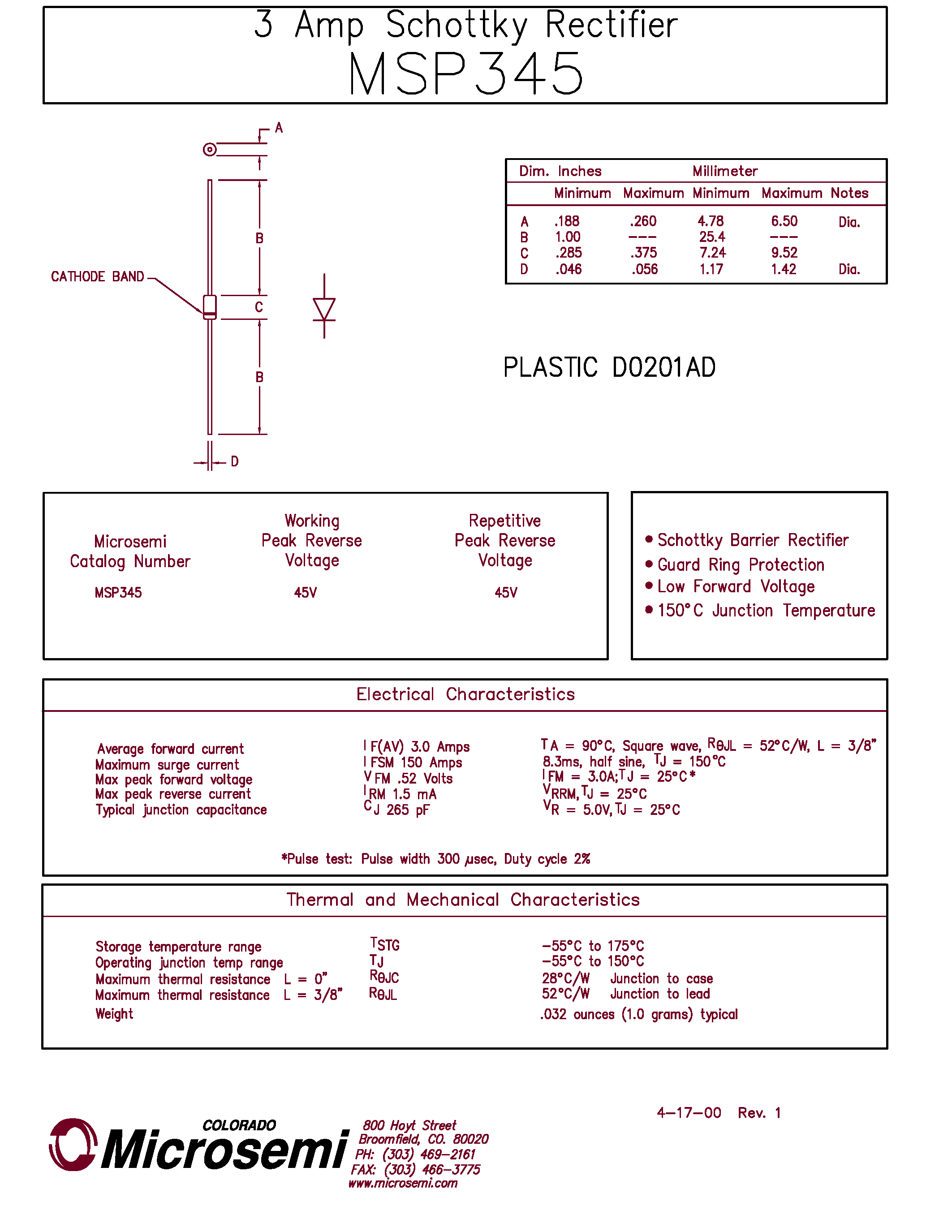 Datasheet MSP345 - 3 Amp Schottky Rectifier page 1
