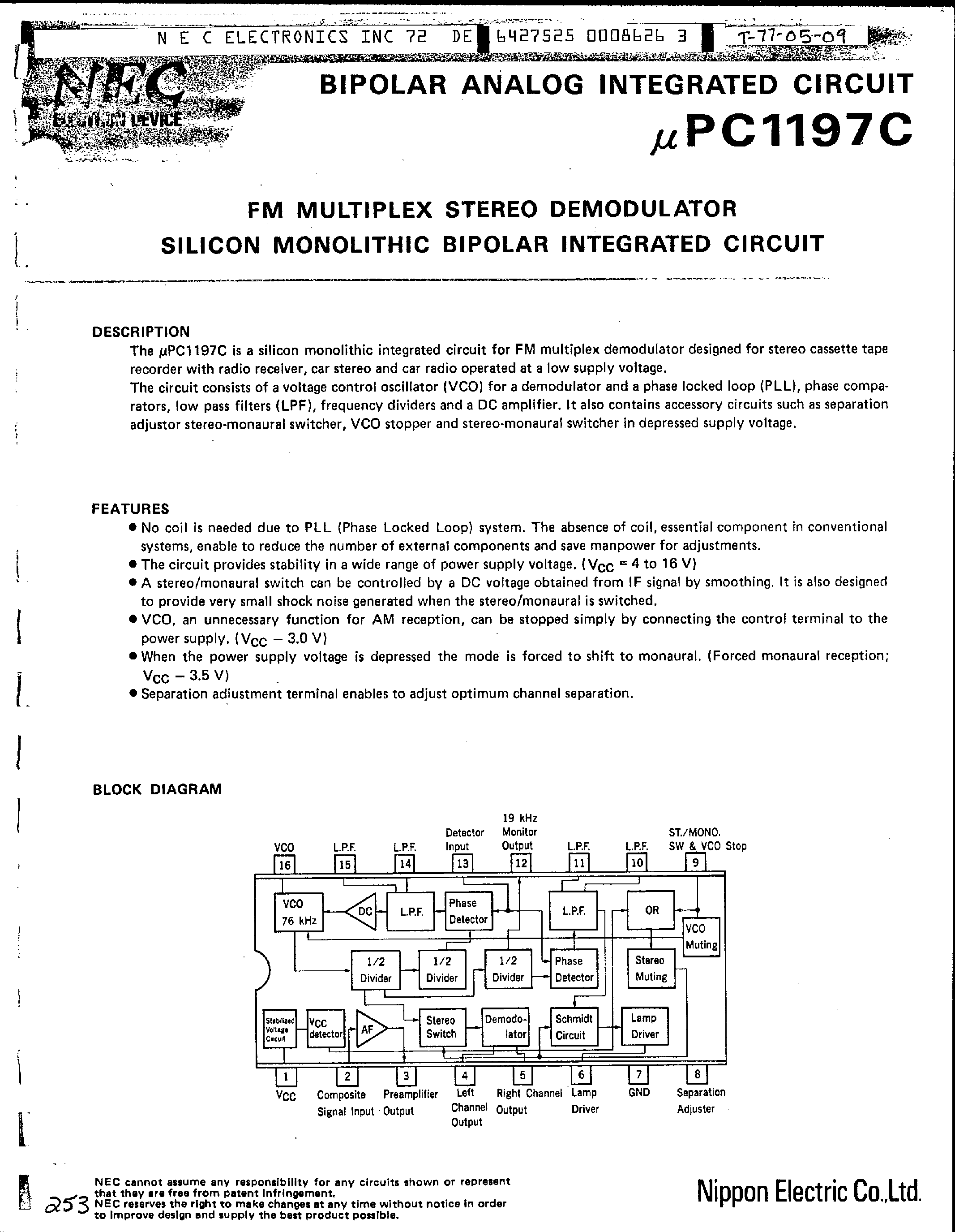Datasheet UPC1197C - FM Multiplex Stereo Demodulator page 1