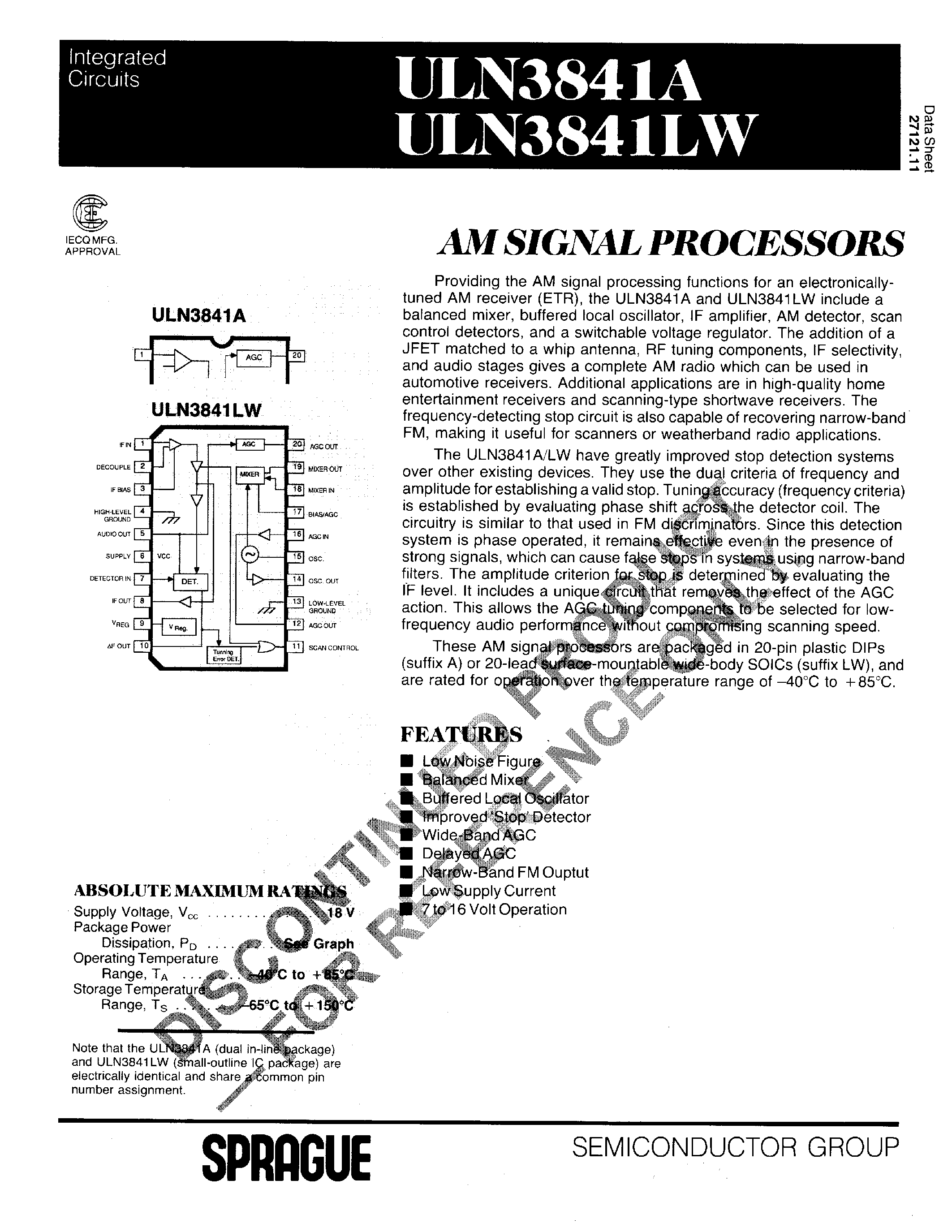 Даташит на микросхему ULN3841 страница 1 Даташит ULN3841 - AM Signal Processors страница 1