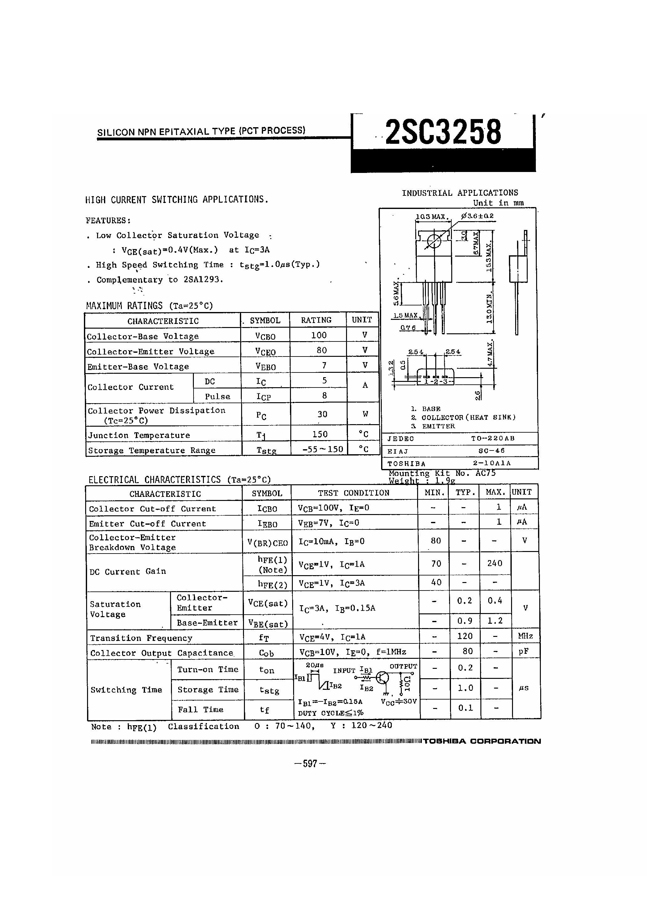 Даташит 2SC3258 - Silicon NPN Epitaxial Type страница 1