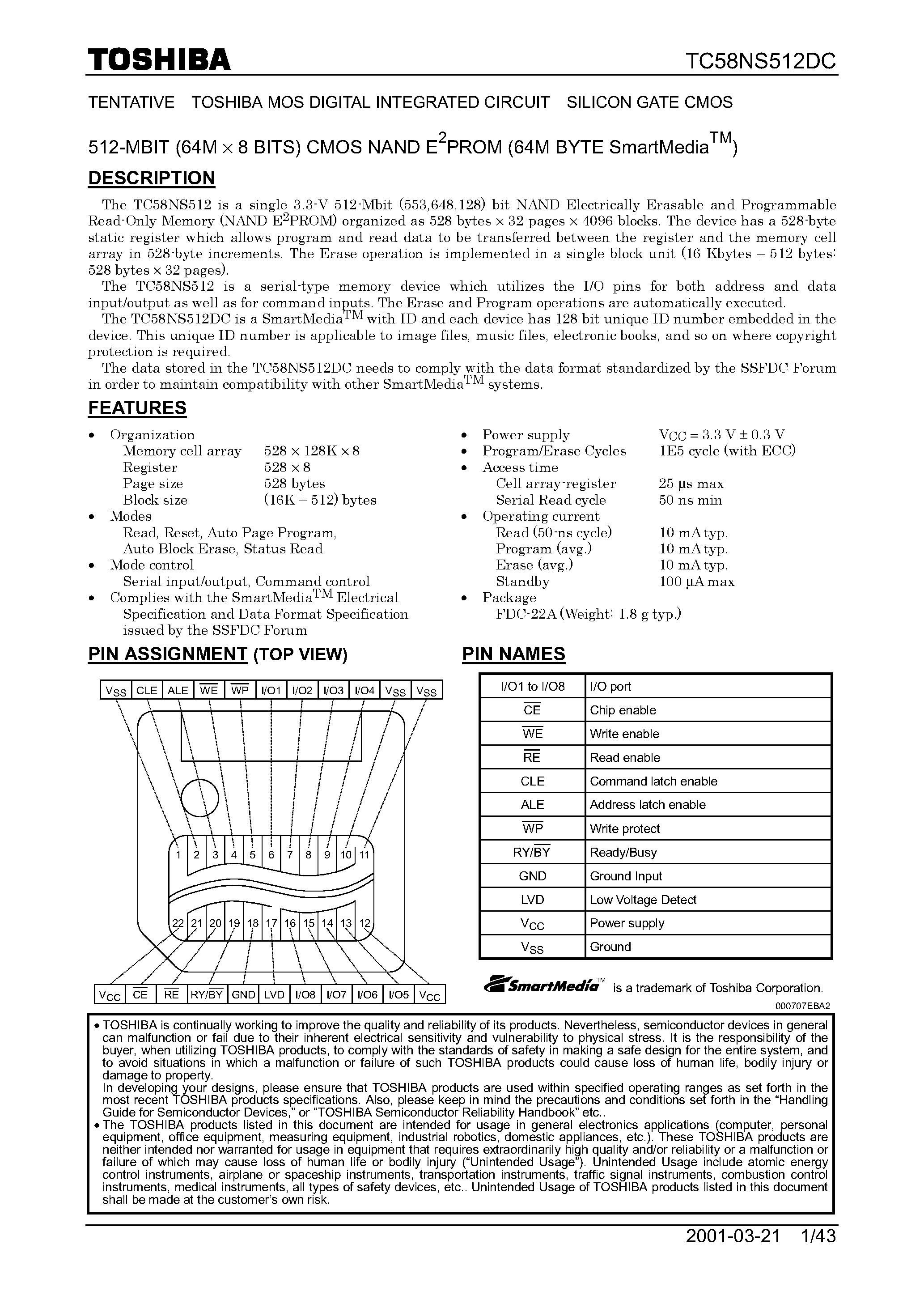 Datasheet TC58NS512DC page 1 Datasheet TC58NS512DC - 512 MBit CMOS NAND EPROM page 1
