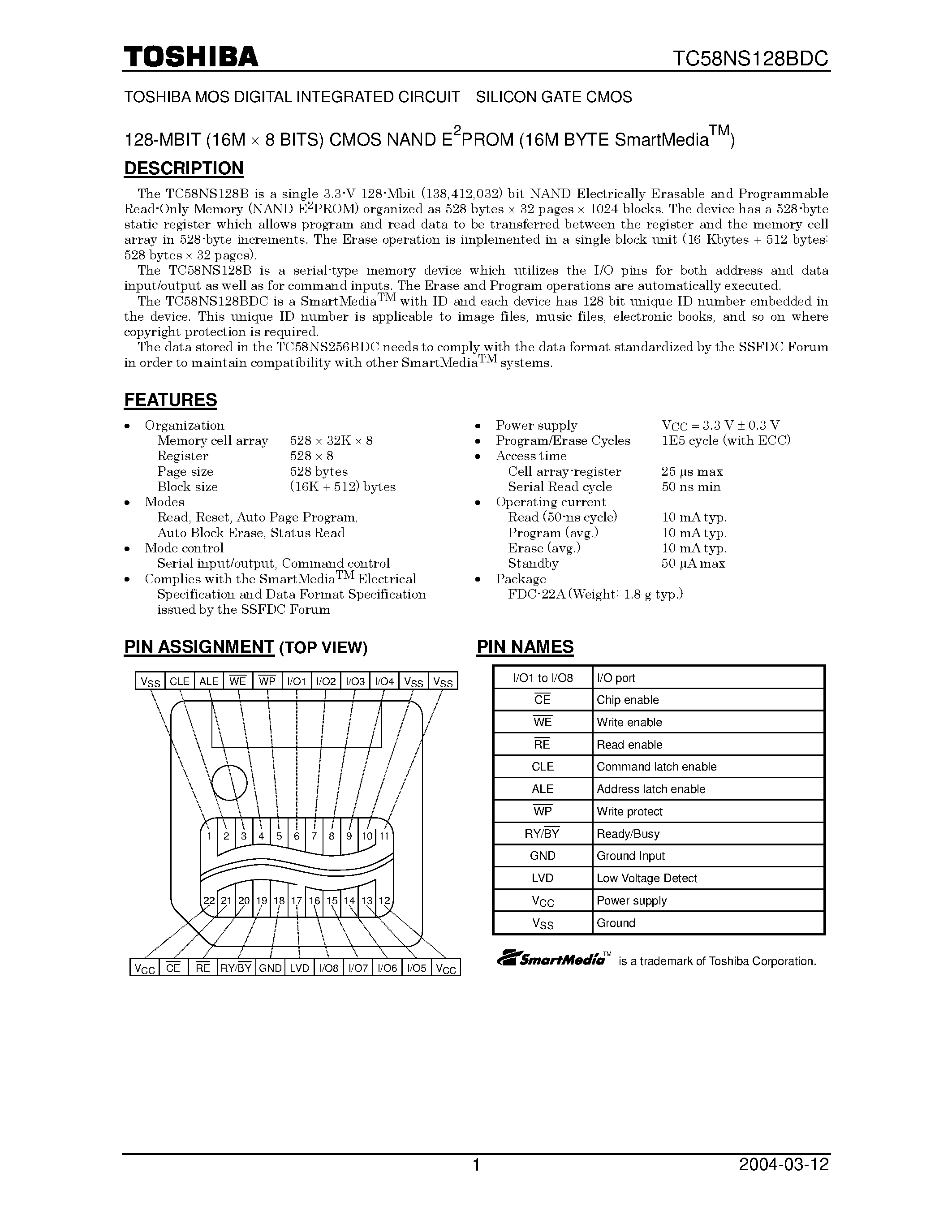 Datasheet TC58NS128BDC page 1 Datasheet TC58NS128BDC - 128 MBit CMOS NAND EPROM page 1