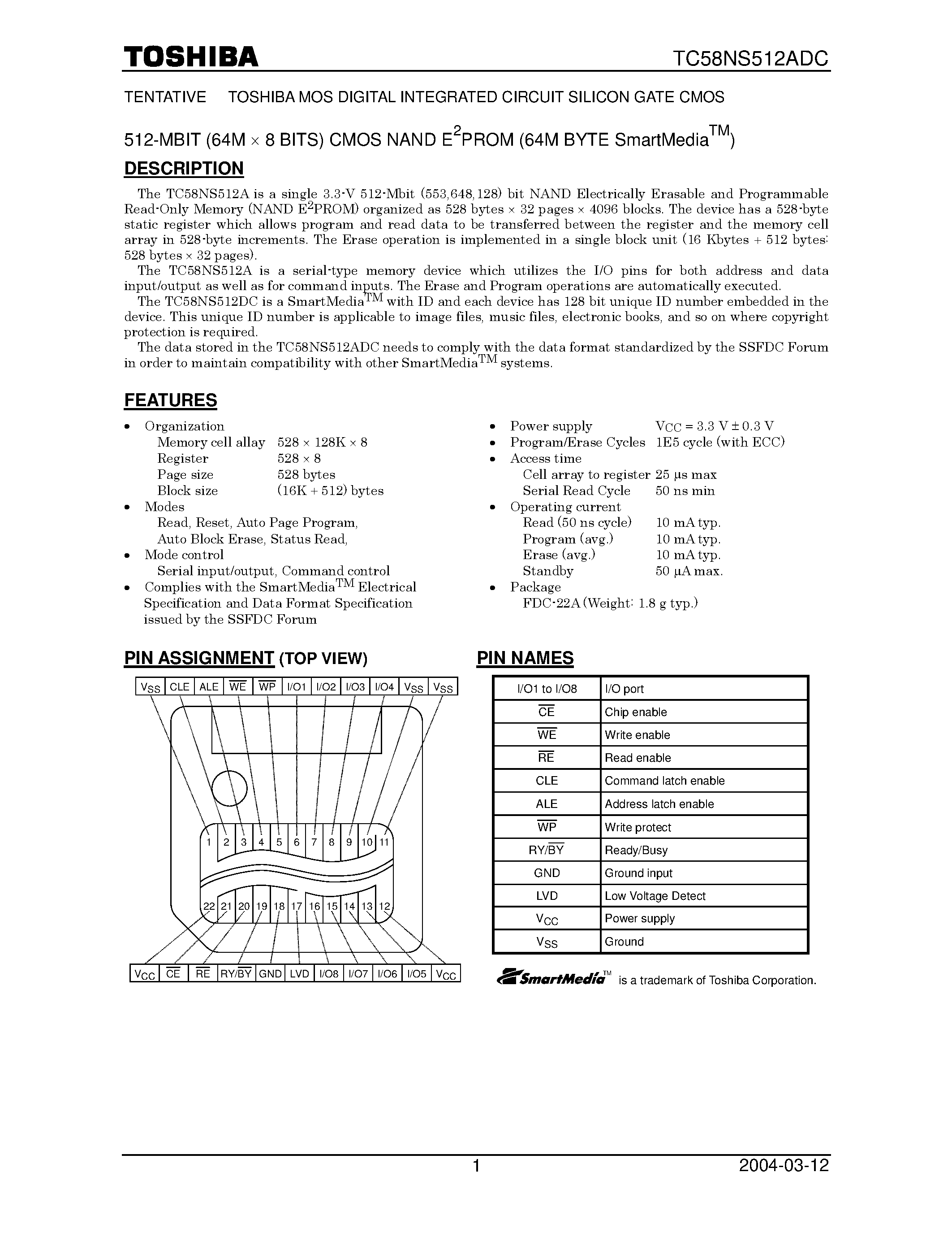 Datasheet TC58NS512ADC page 1 Datasheet TC58NS512ADC - 512 MBit CMOS NAND EPROM page 1