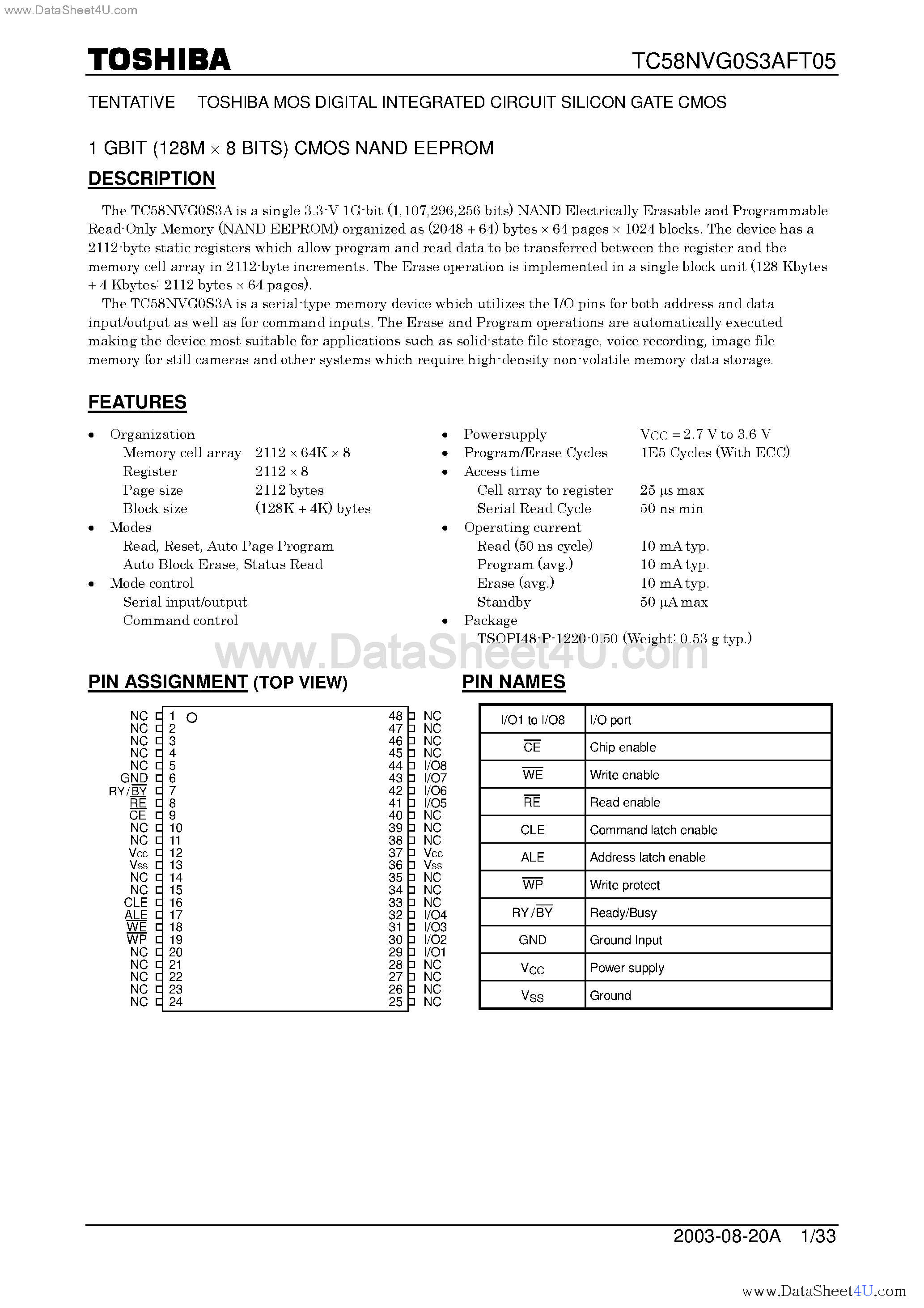 Datasheet TC58NVG0S3AFT05 page 1 Datasheet TC58NVG0S3AFT05 - 1 GBit CMOS NAND EPROM page 1