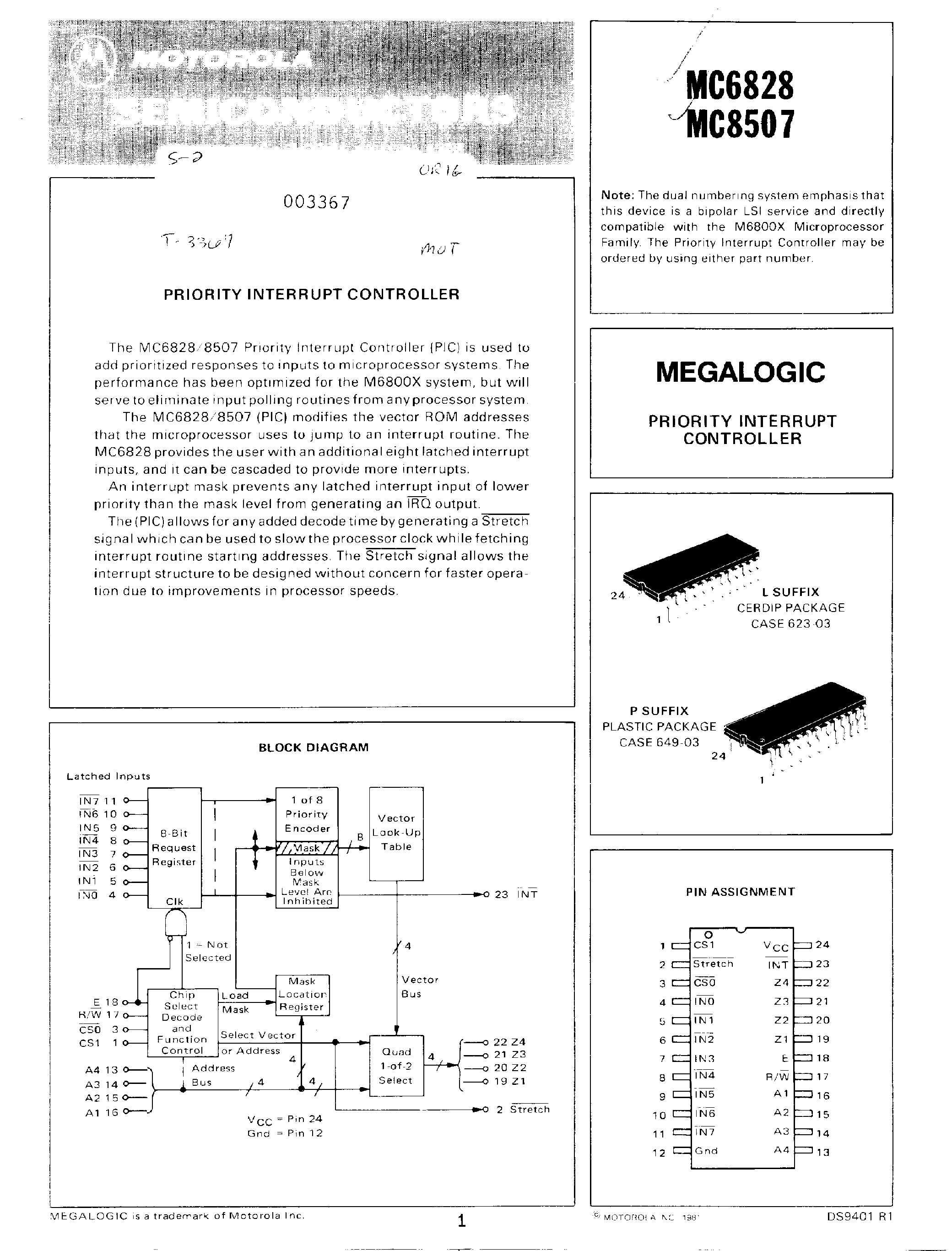 Datasheet MC6828 - PRIORITY INTERRUPT CONTROLLER page 1