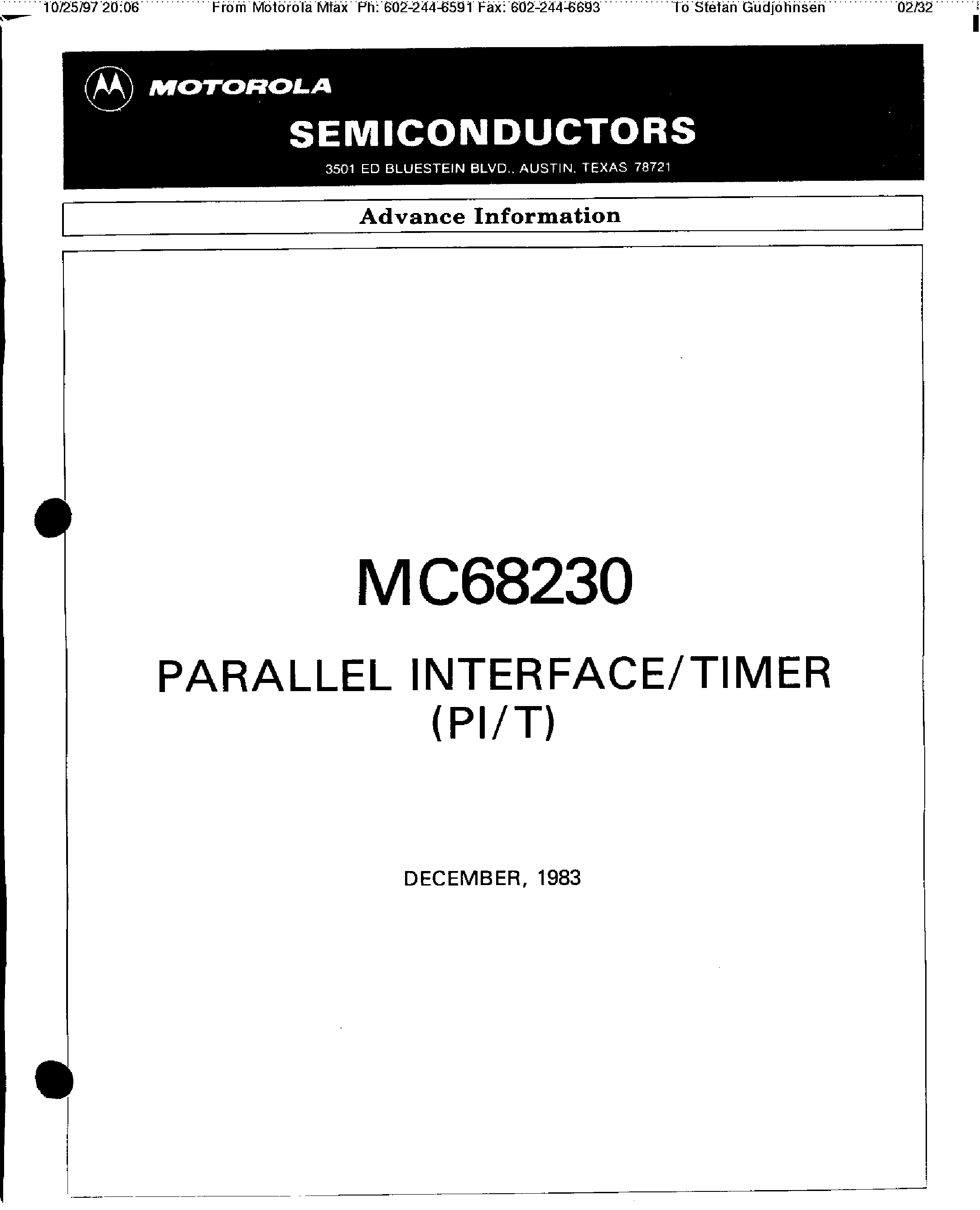 Даташит на микросхему MC68230 страница 1 Даташит MC68230 - PARALLEL INTERFACE/TIMER(PI/T) страница 1