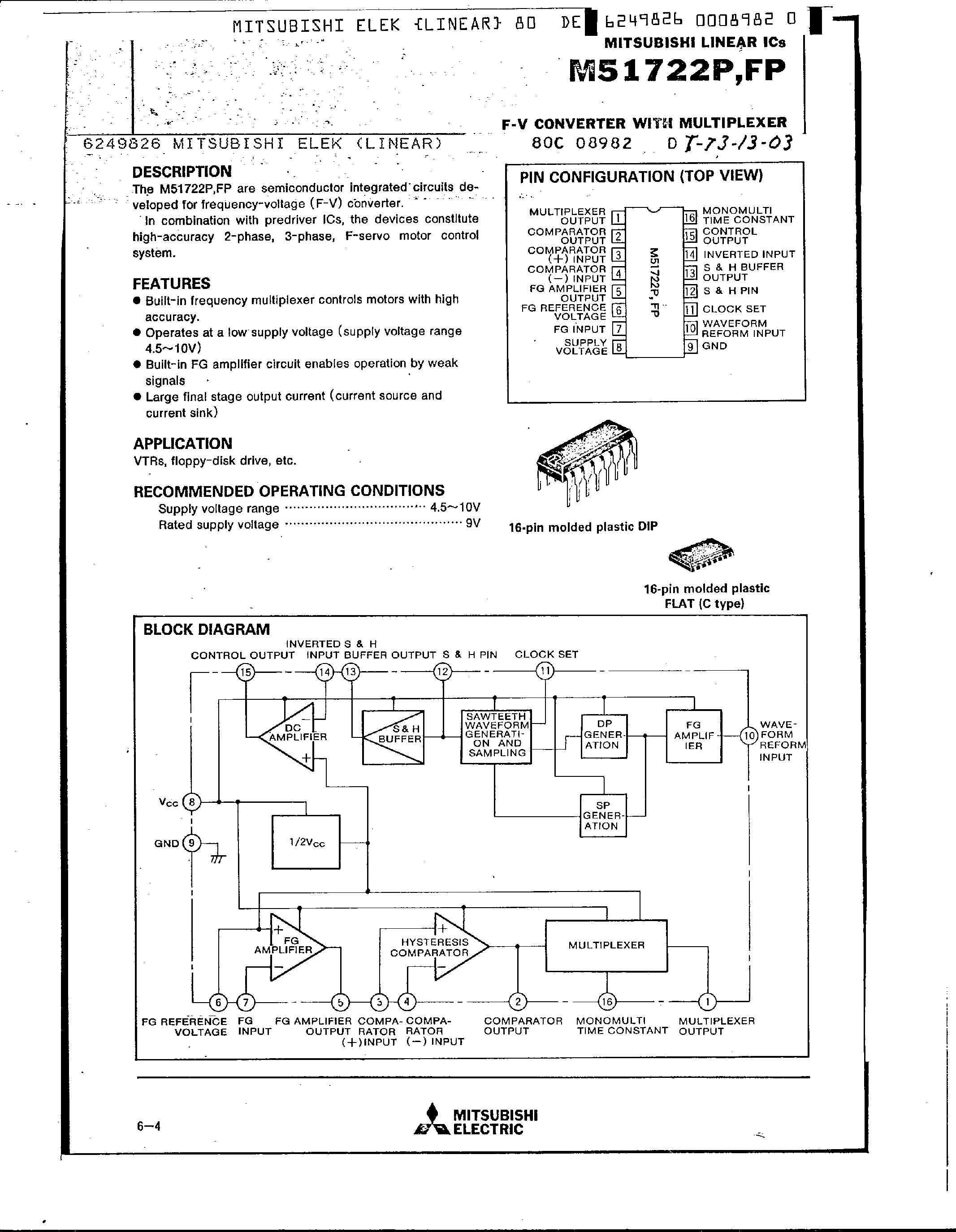 Datasheet M51722 page 1 Datasheet M51722 - F-V Converter with Multiplexer page 1
