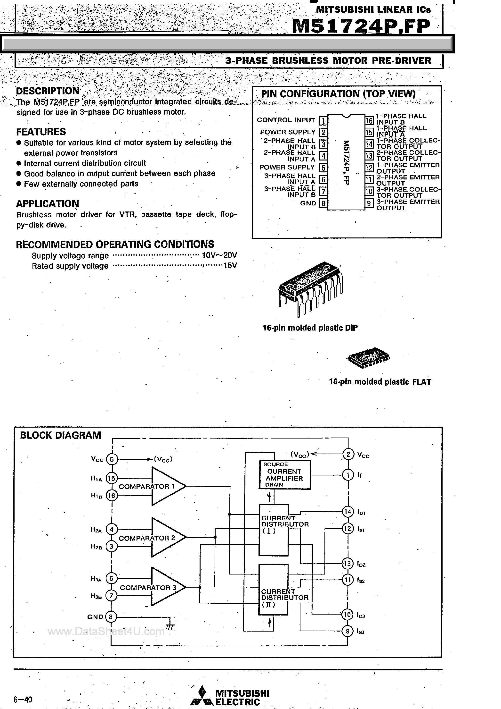 Datasheet M51724 - 3 Phase Brushless Motor Pre-Driver page 1