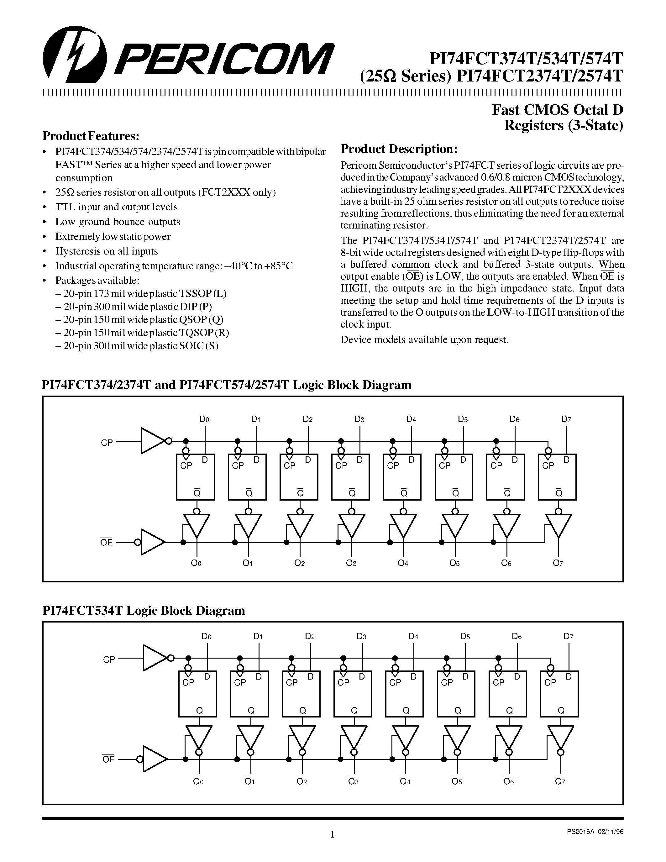 Даташит P174FCT374T - Fast CMOS Octal D Registers страница 1