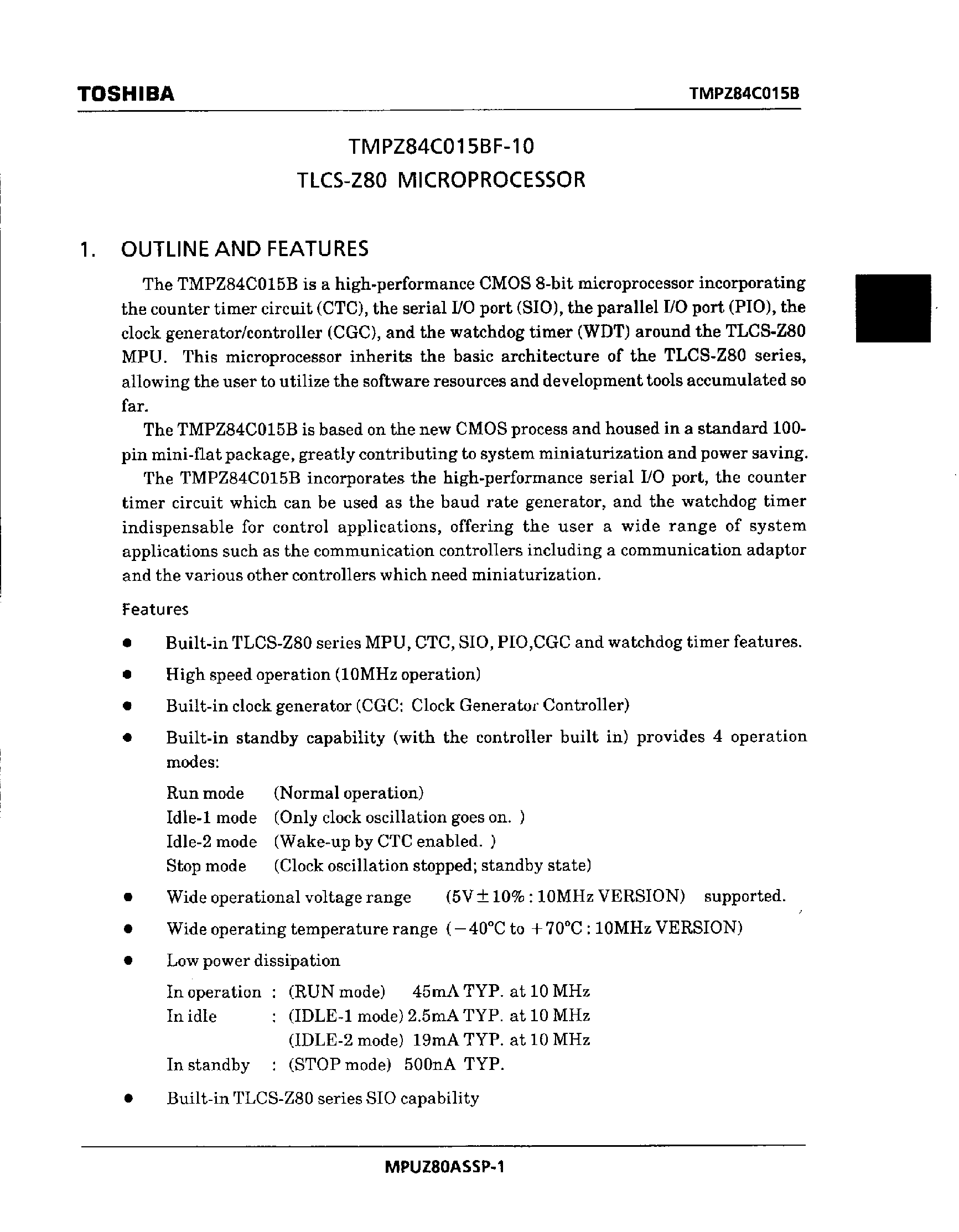 Datasheet TMPZ84C015BF-10 - MICROPROCESSOR page 1