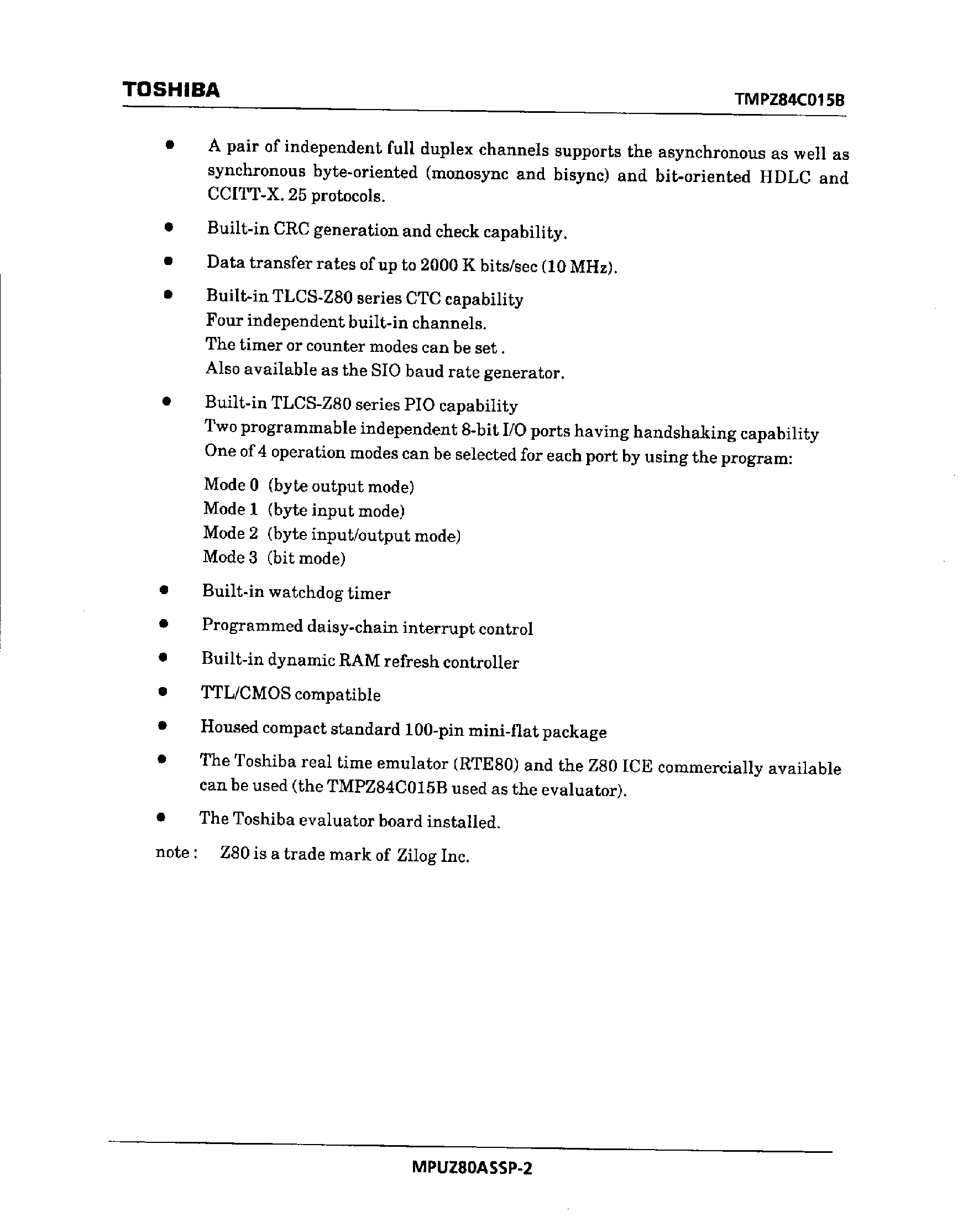 Datasheet TMPZ84C015BF-10 - MICROPROCESSOR page 2