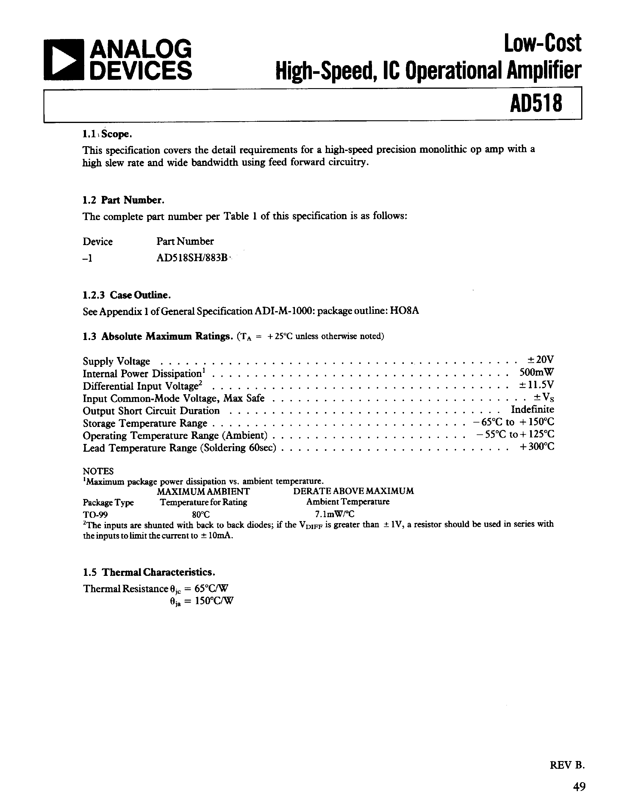 Datasheet AD518 - Low Cost / High Speed / IC Operational Amplifier page 1