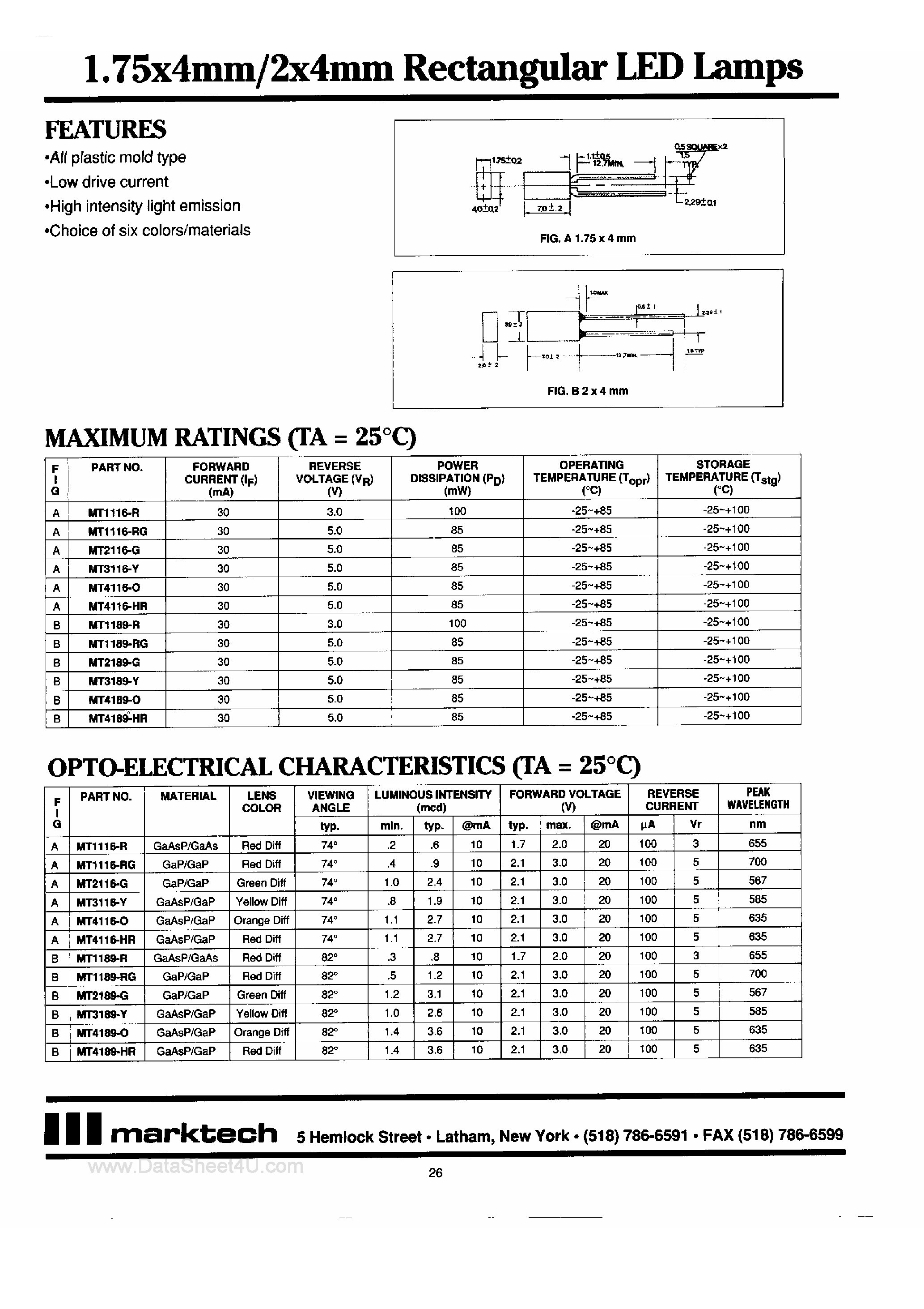 Datasheet MT1189 - 1.75 x 4 mm / 2 x 4 mm Rectangular LED Lamps page 1