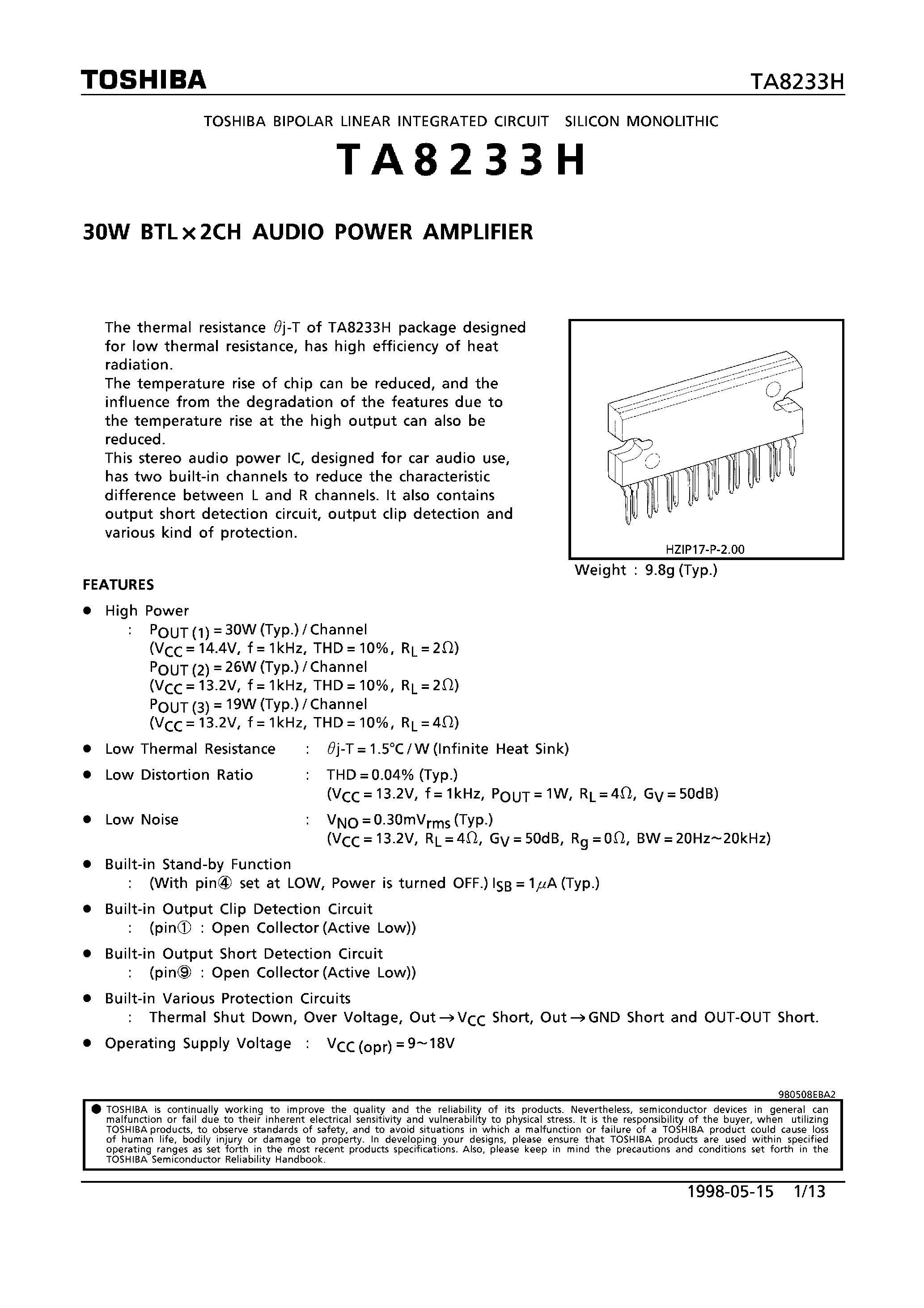 Даташит TA8233H - 30W BTL x 2CH AUDIO POWER AMPLIFIER страница 1