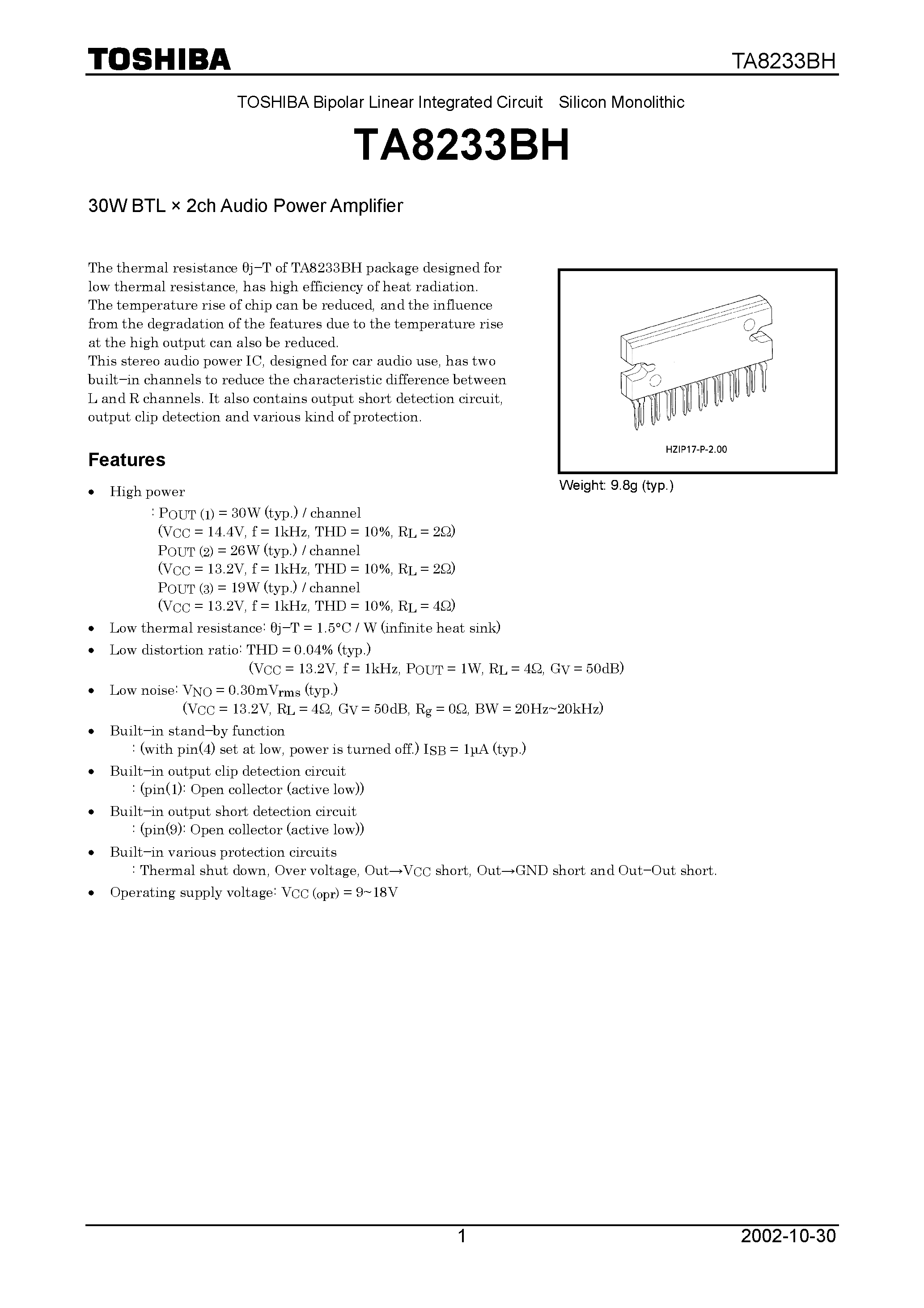 Даташит TA8233BH - 30W BTL X 2ch Audio Power Amplifier страница 1