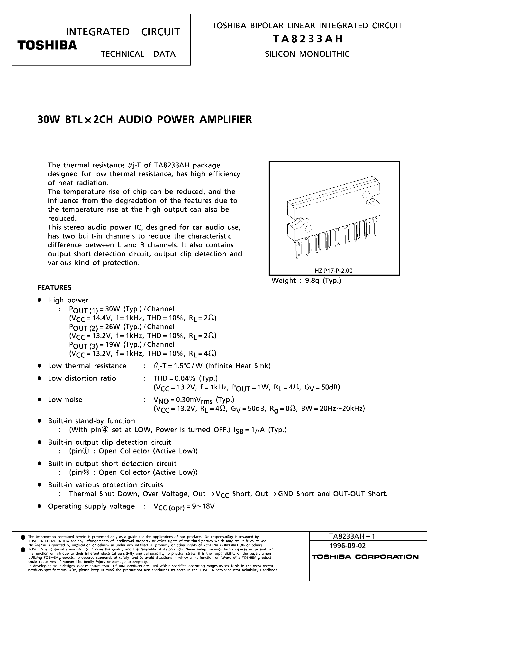 Даташит TA8233AH - 30W BTL x 2CH AUDIO POWER AMPLIFIER страница 1