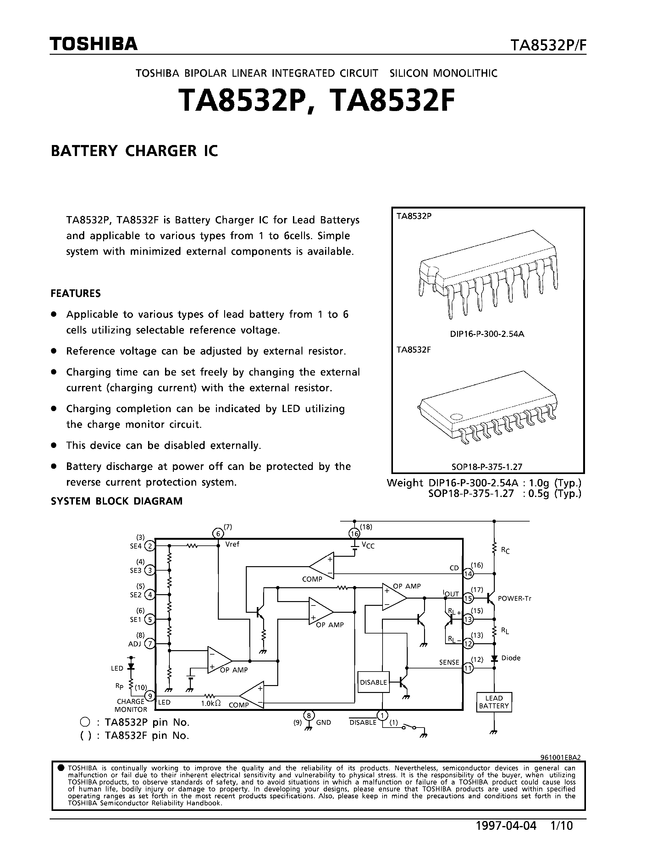 Datasheet TA8232 - BATTERY CHARGER IC page 1