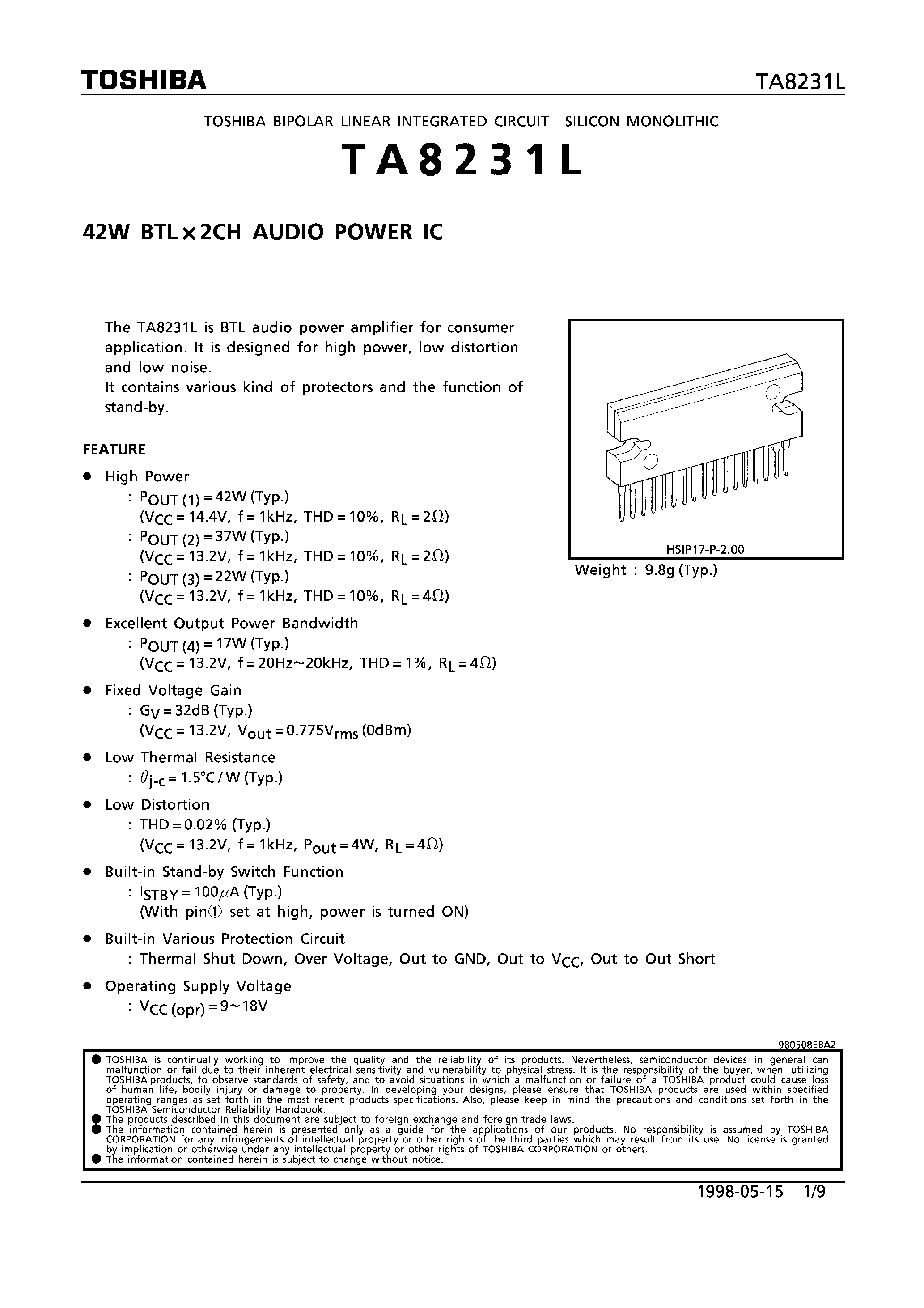 Datasheet TA8231L page 1 Datasheet TA8231L - 42W BTL x 2CH AUDIO POWER IC page 1