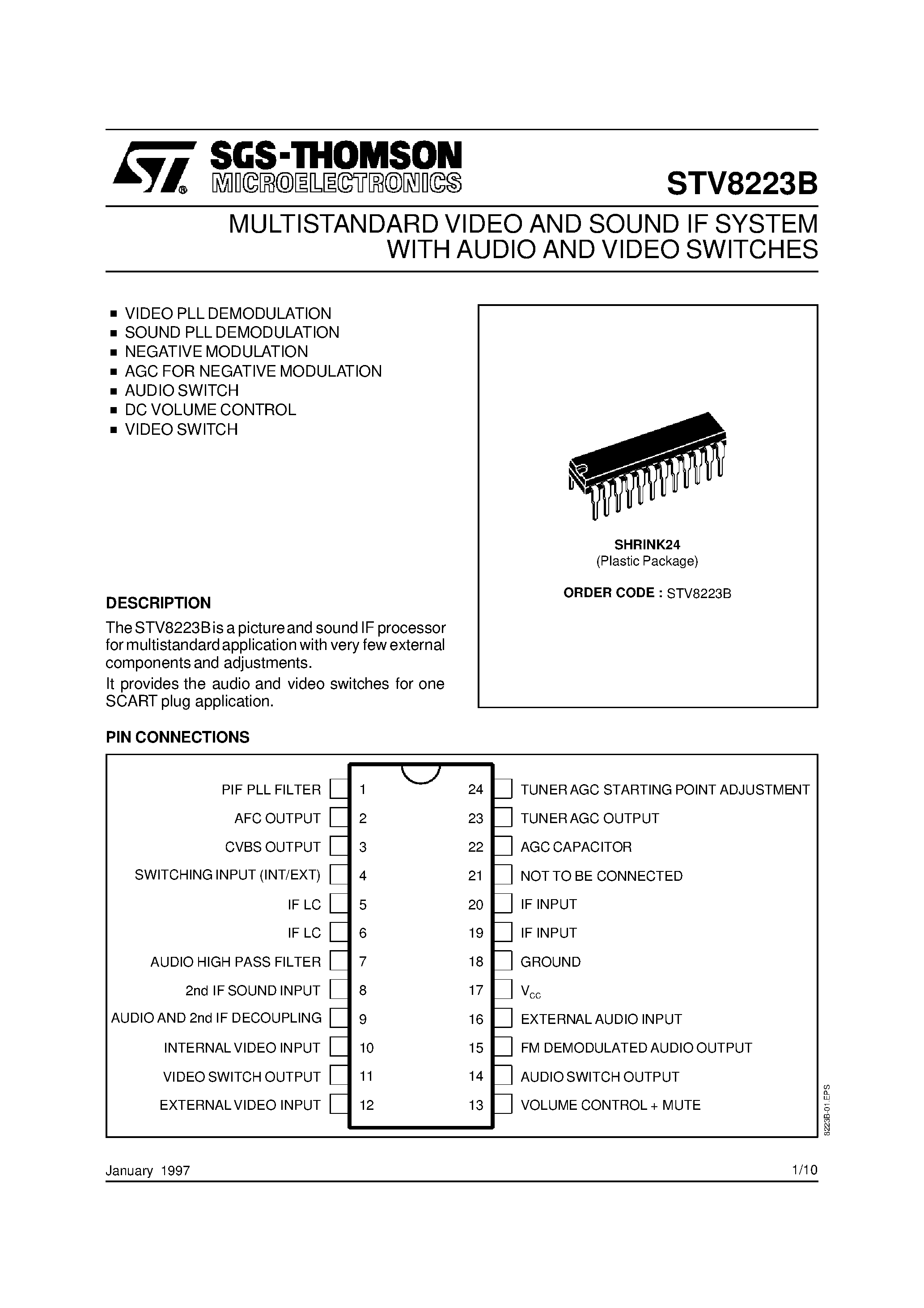 Даташит STV8223B - MULTISTANDARD VIDEO AND SOUND IF SYSTEM WITH AUDIO AND VIDEO SWITCHES страница 1