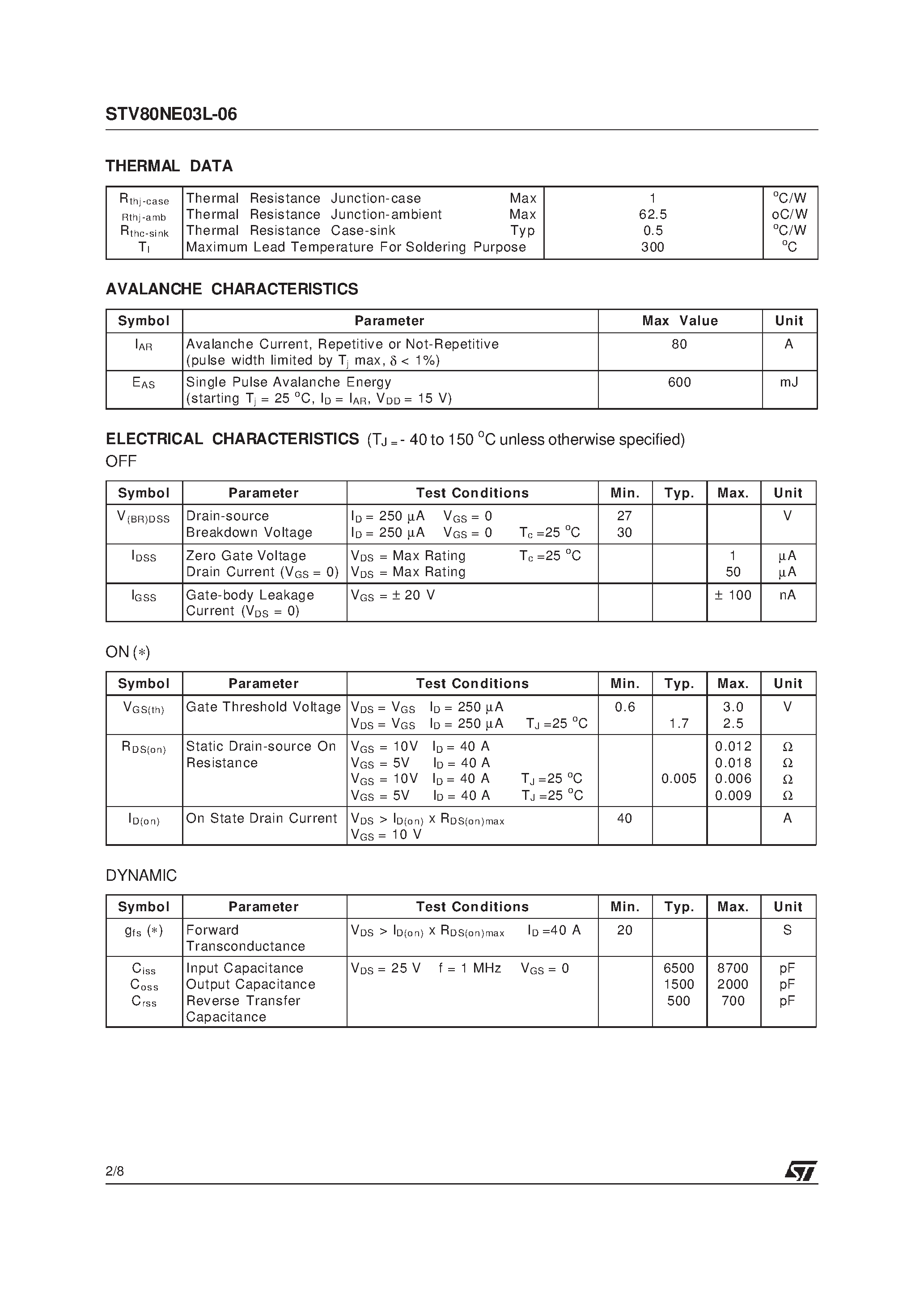 Datasheet STV80NE03L-06 page 2 Datasheet STV80NE03L-06 - N - CHANNEL 30V - 0.005ohm - 80A - PowerSO-10 STripFET MOSFET page 2