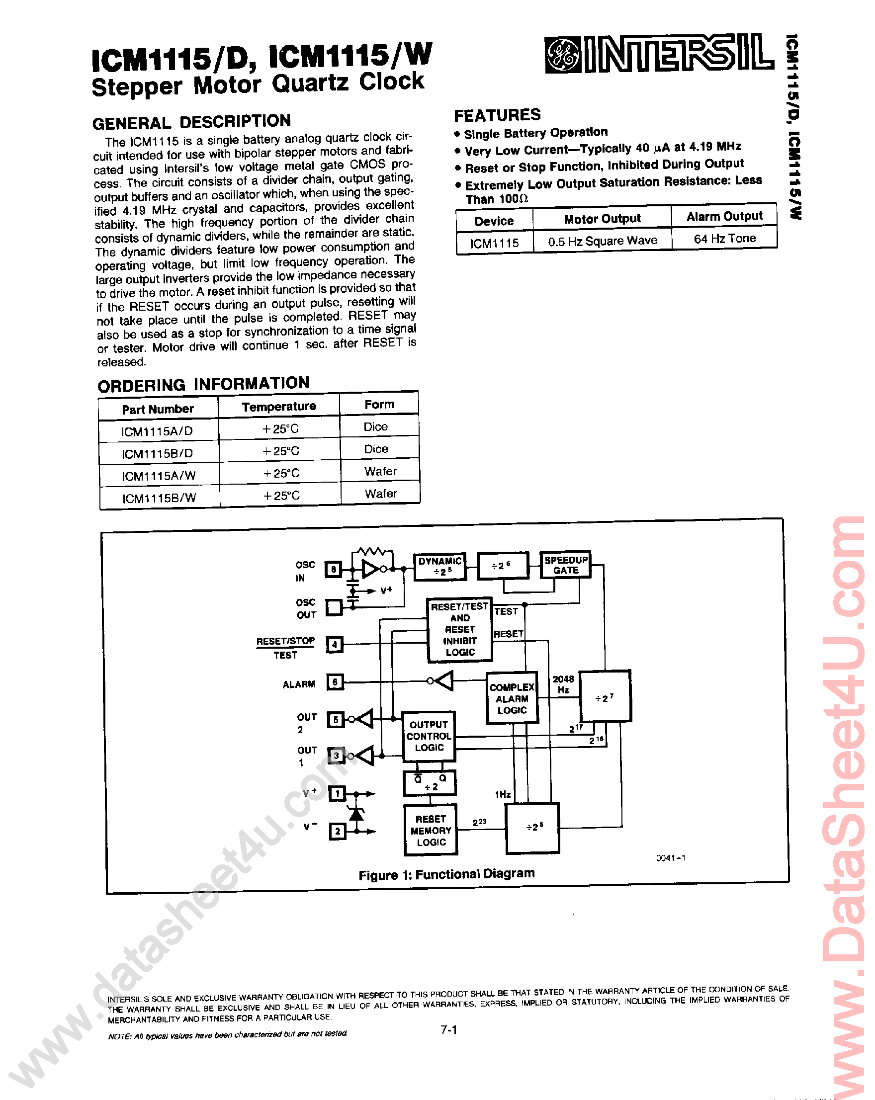 Даташит ICM1115 - Stepper Motor Quartz Clock страница 1