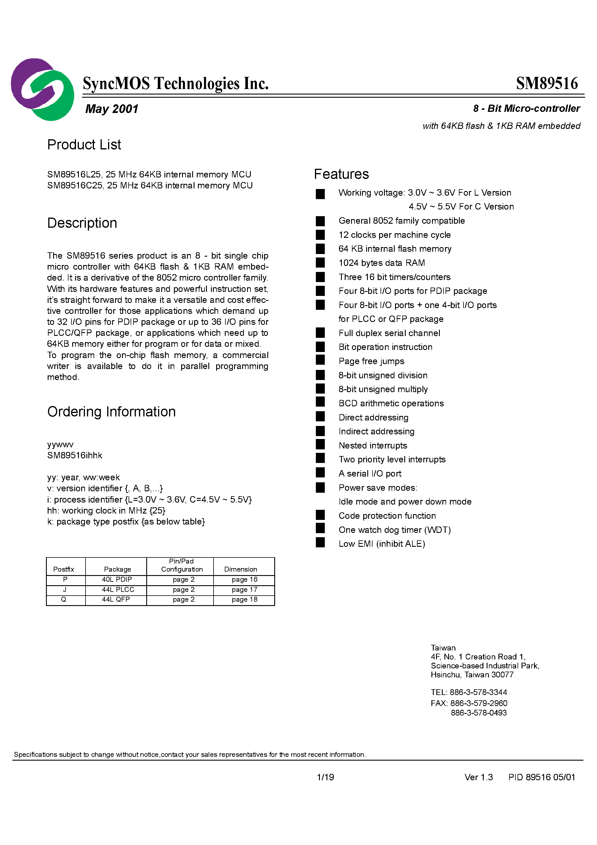 Даташит SM89516 - 8 Bit MicroController страница 1