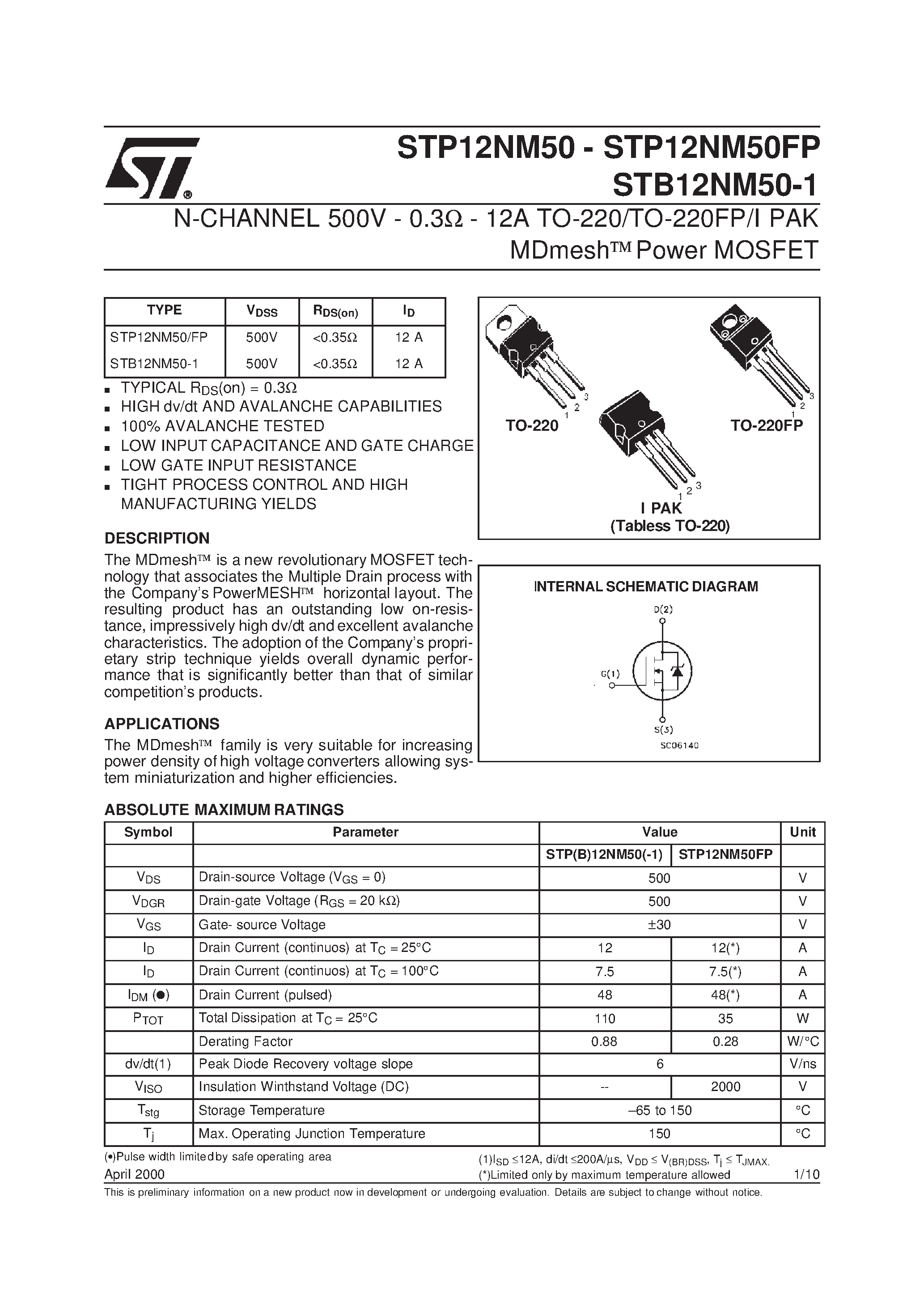 Datasheet STP12NM50 - N-CHANNEL 500V - 0.3W - 12A TO-220/TO-220FP/I PAK MDmesh Power MOSFET page 1