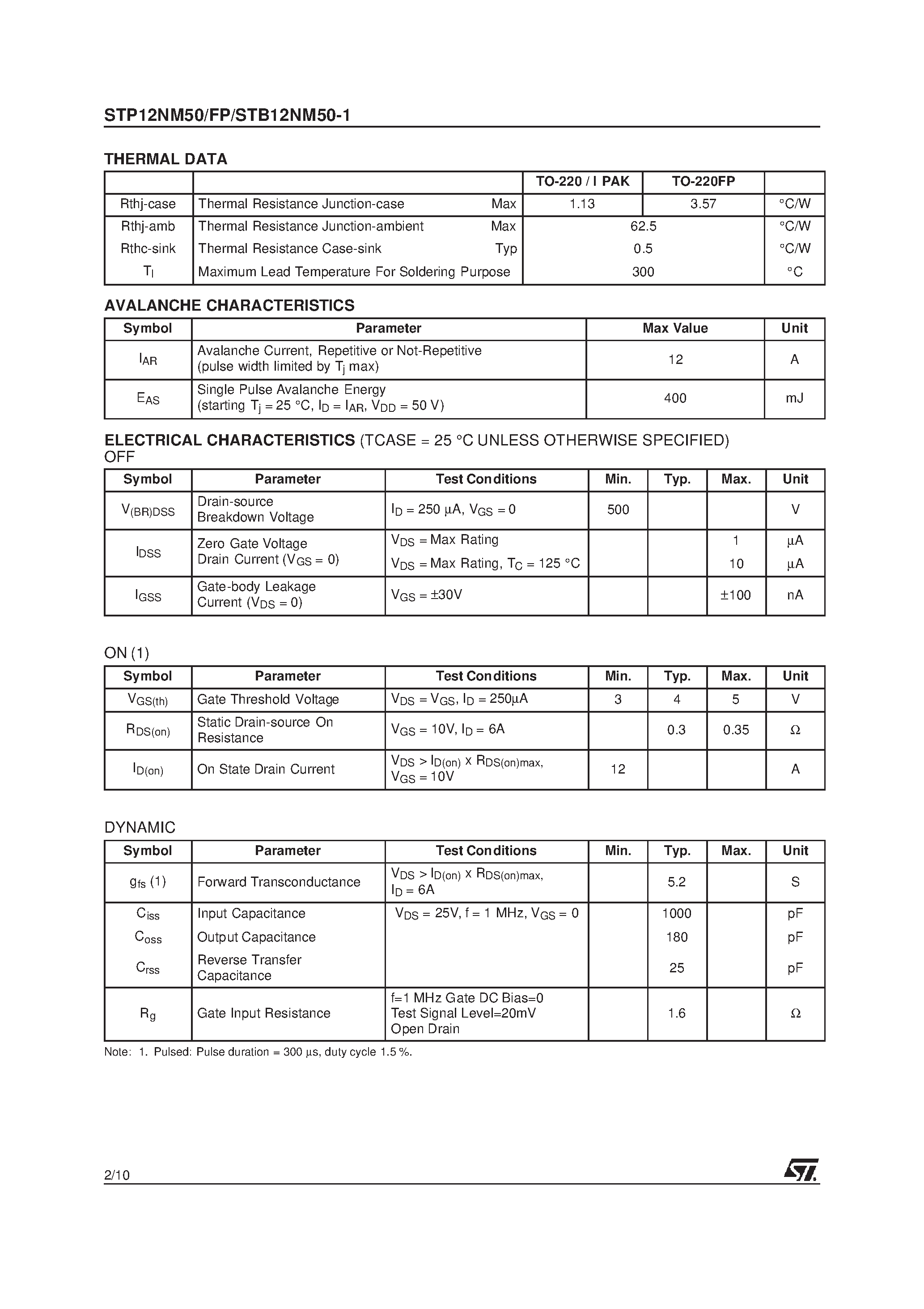 Datasheet STP12NM50 - N-CHANNEL 500V - 0.3W - 12A TO-220/TO-220FP/I PAK MDmesh Power MOSFET page 2