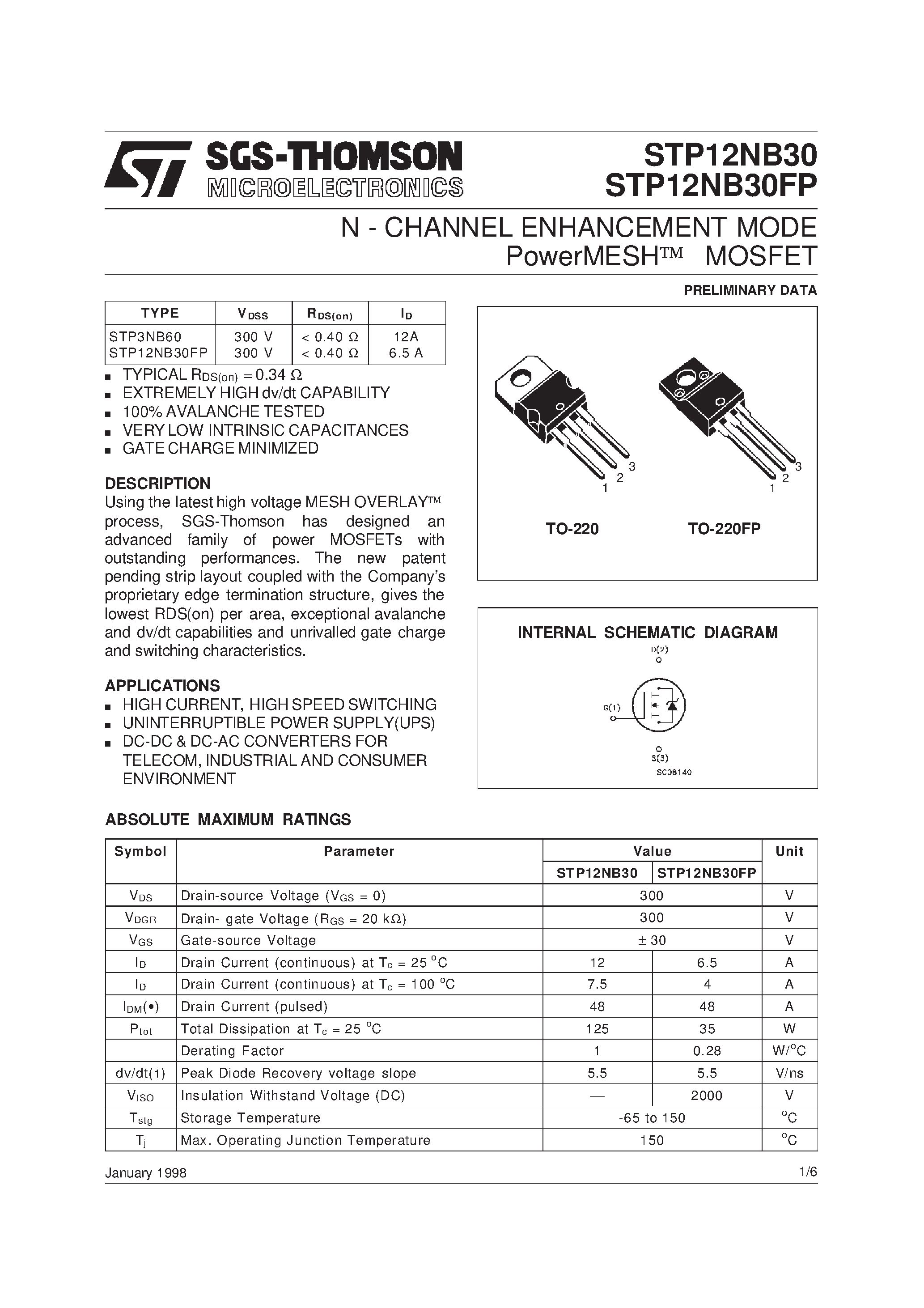 Даташит STP12NB30 - N - CHANNEL ENHANCEMENT MODE PowerMESH MOSFET страница 1