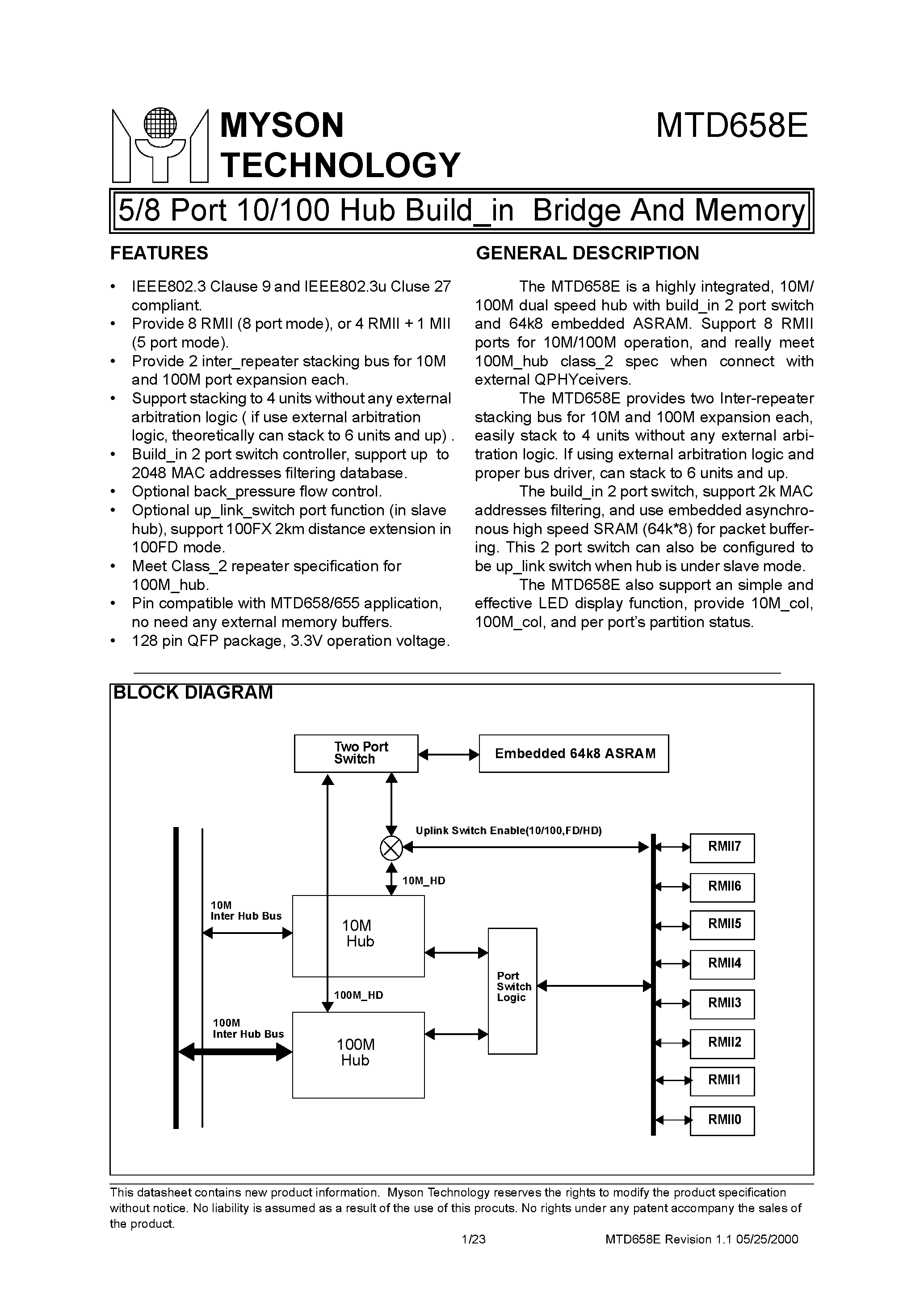 Datasheet MTD658E - 5/8 Port 10/100 Hub Build_in Bridge And Memory page 1
