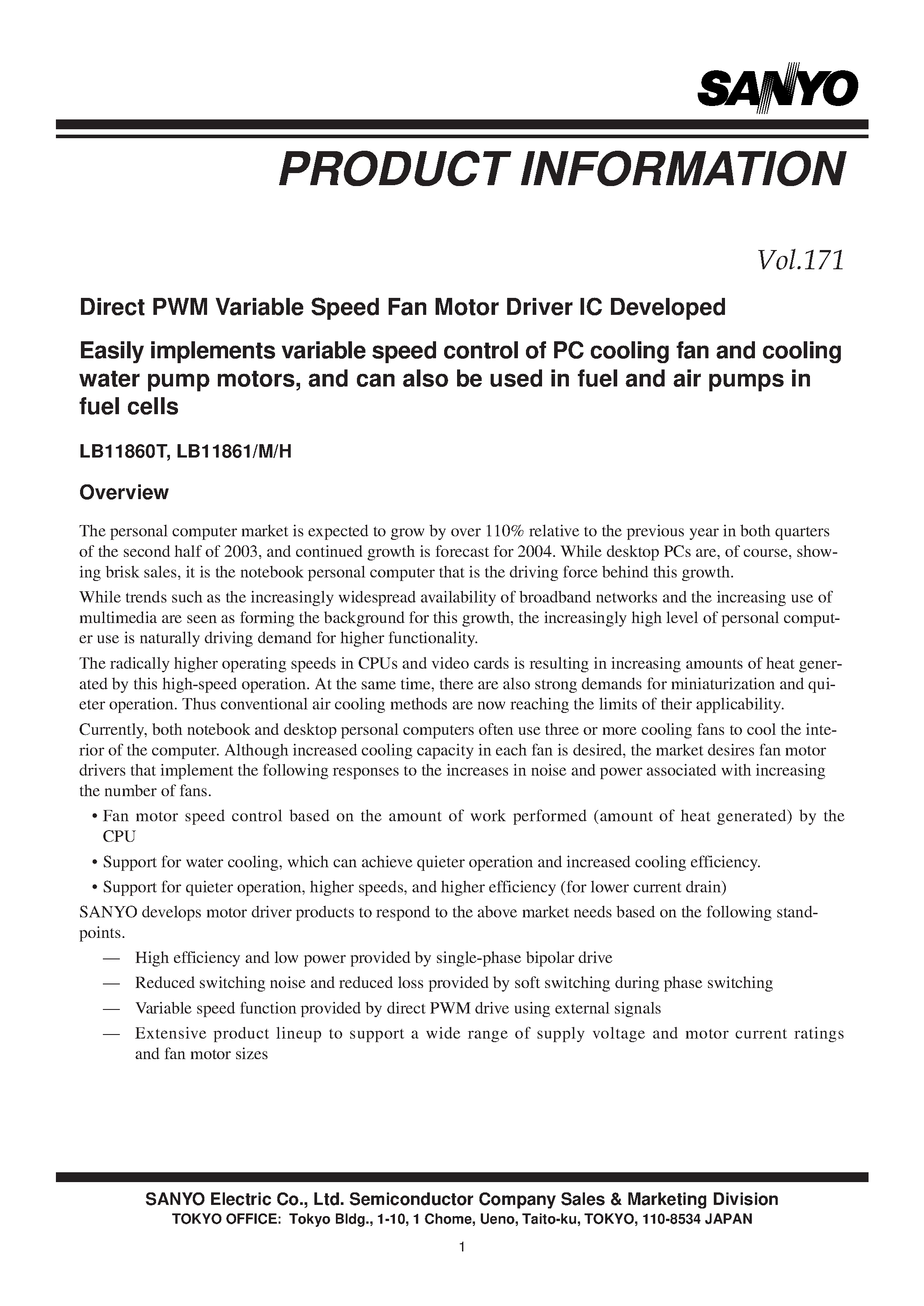 Datasheet LB11860T - (LB11861) Direct PWM Variable Speed Fan Motor Driver IC Developed page 1